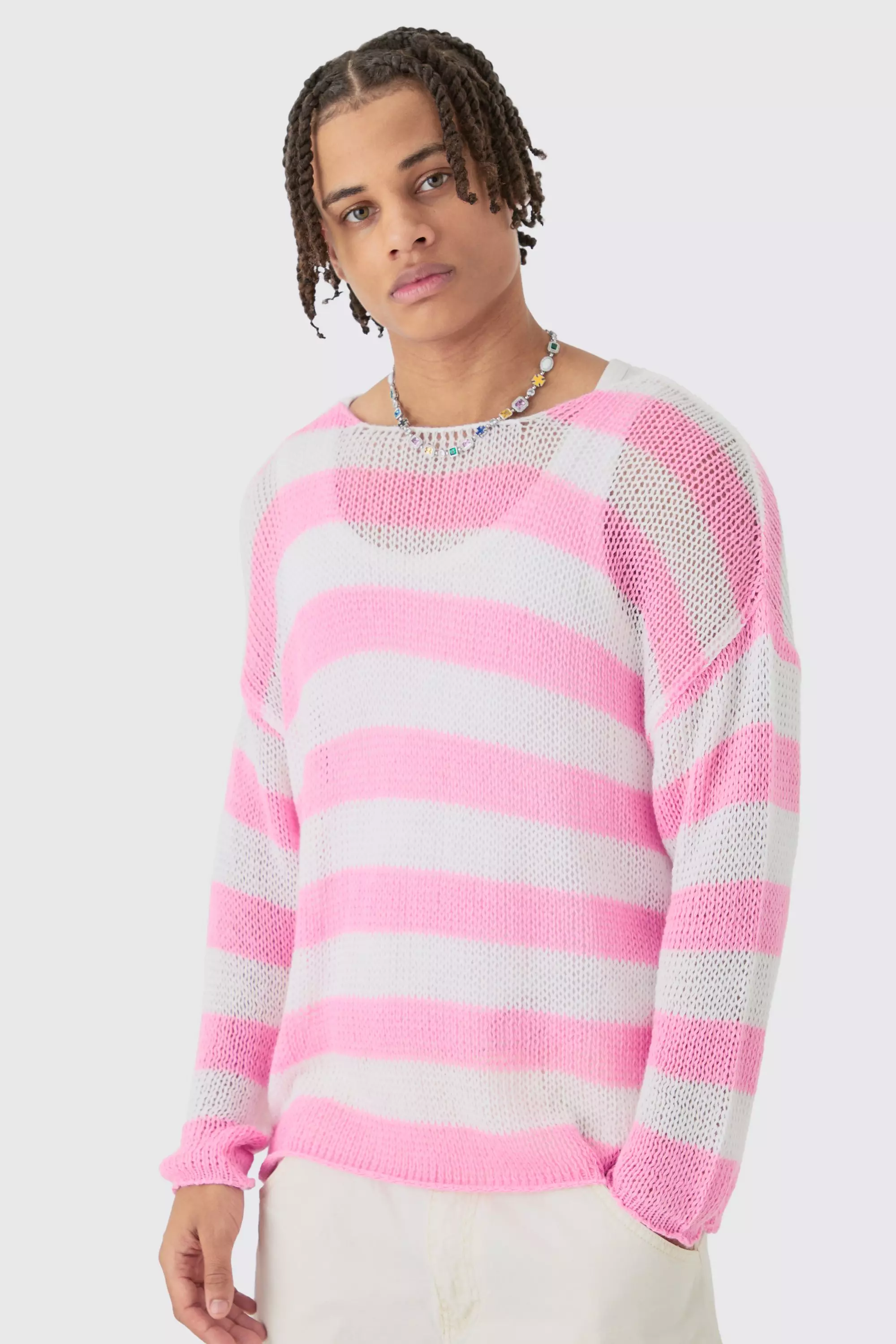 Pink Oversized Boxy Open Knit Stripe Jumper In Pink