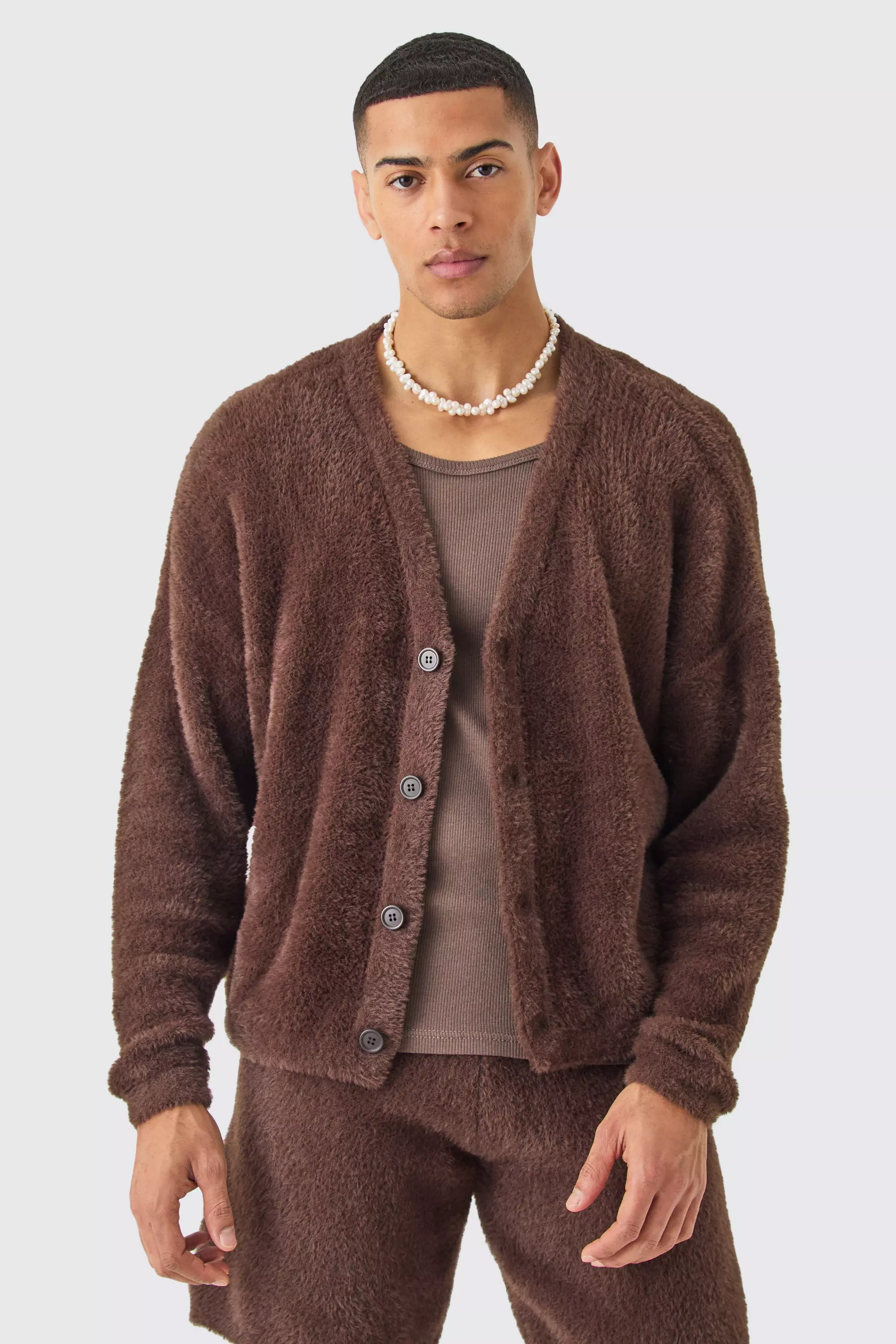 Fluffy Knit Cardigan In Brown Brown