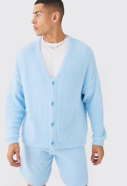 Blue Fluffy Knit Cardigan In Light Blue