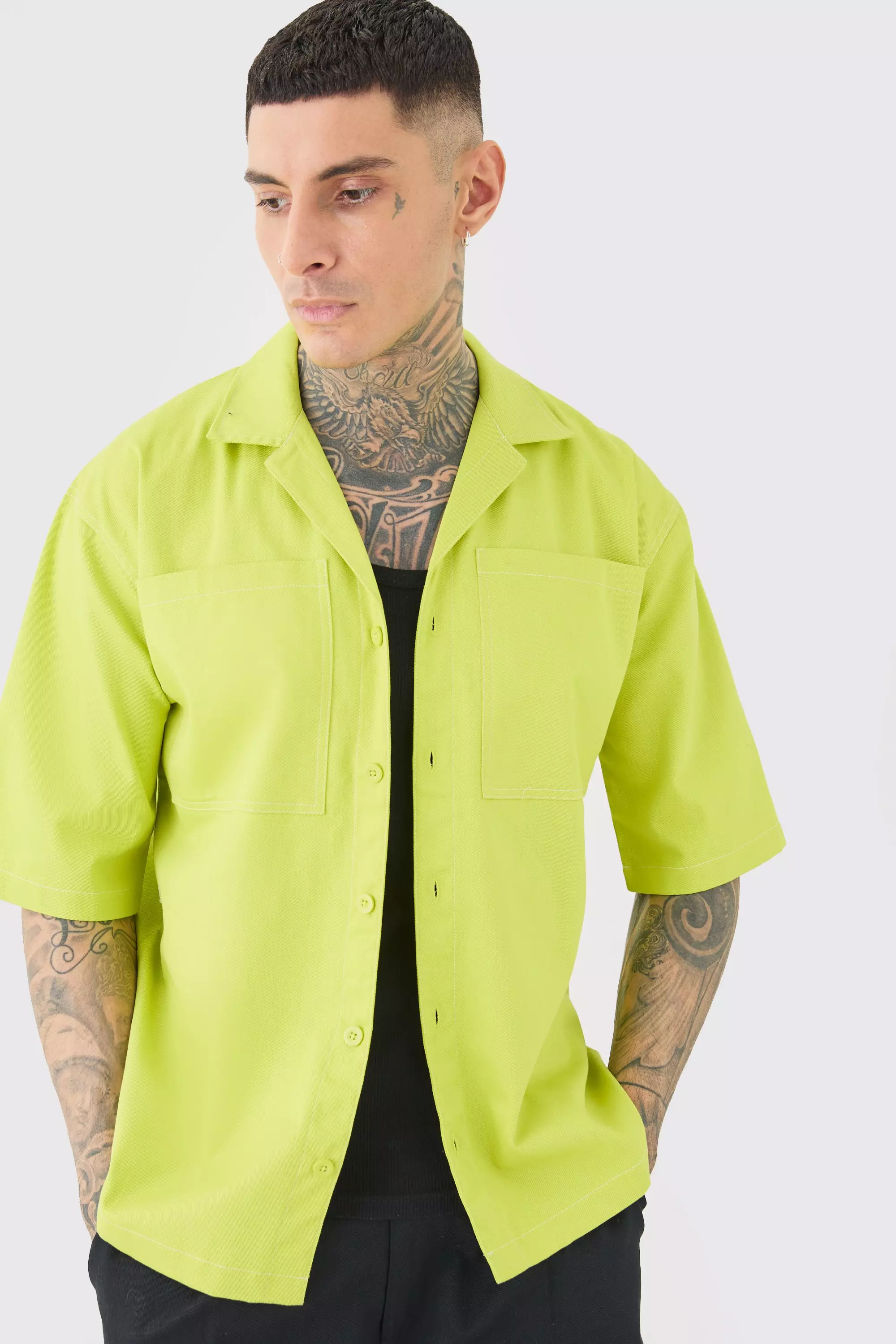 Tall Twill Drop Revere Contrast Stitch Shirt Green