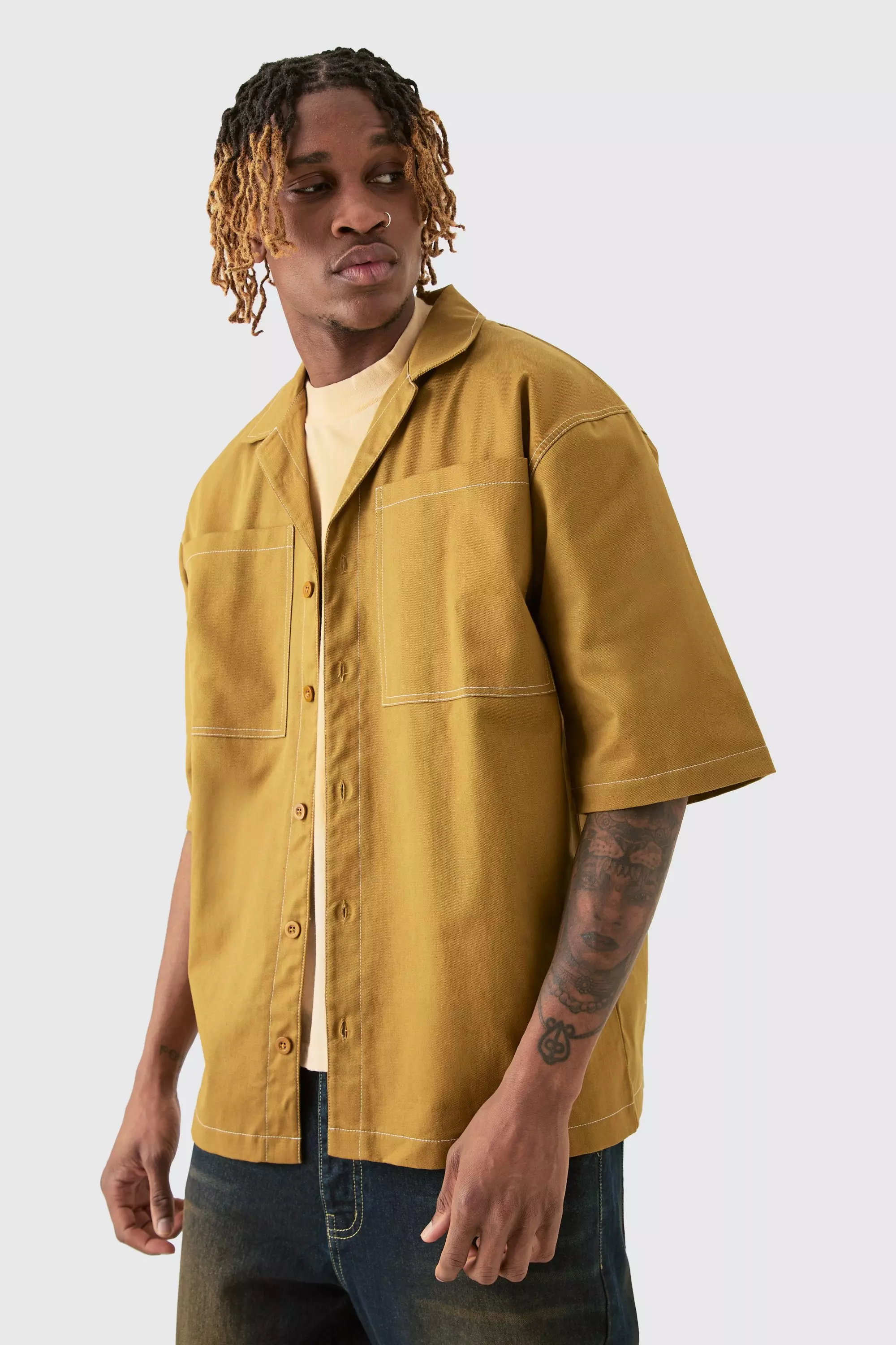 Brown Tall Twill Drop Revere Contrast Stitch Shirt alternative image