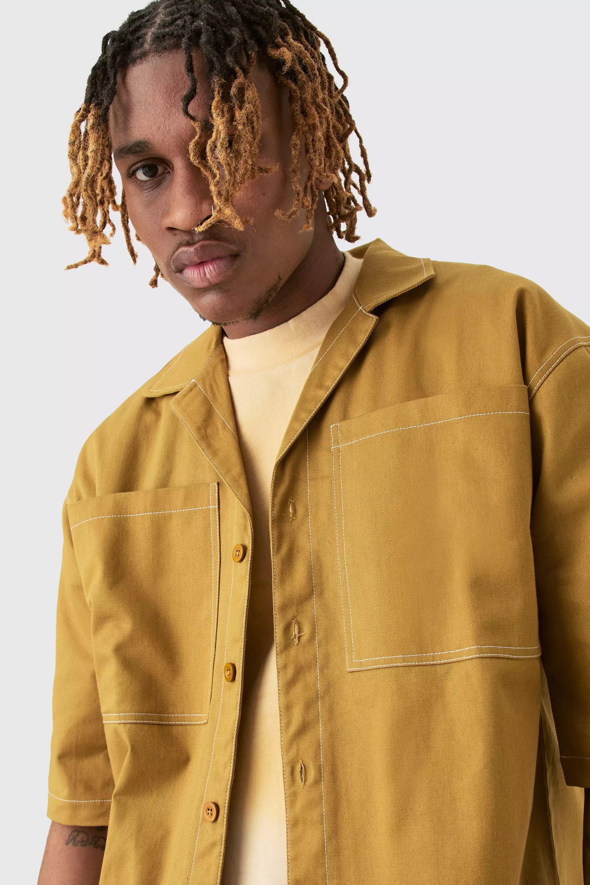 Brown Tall Twill Drop Revere Contrast Stitch Shirt alternative image