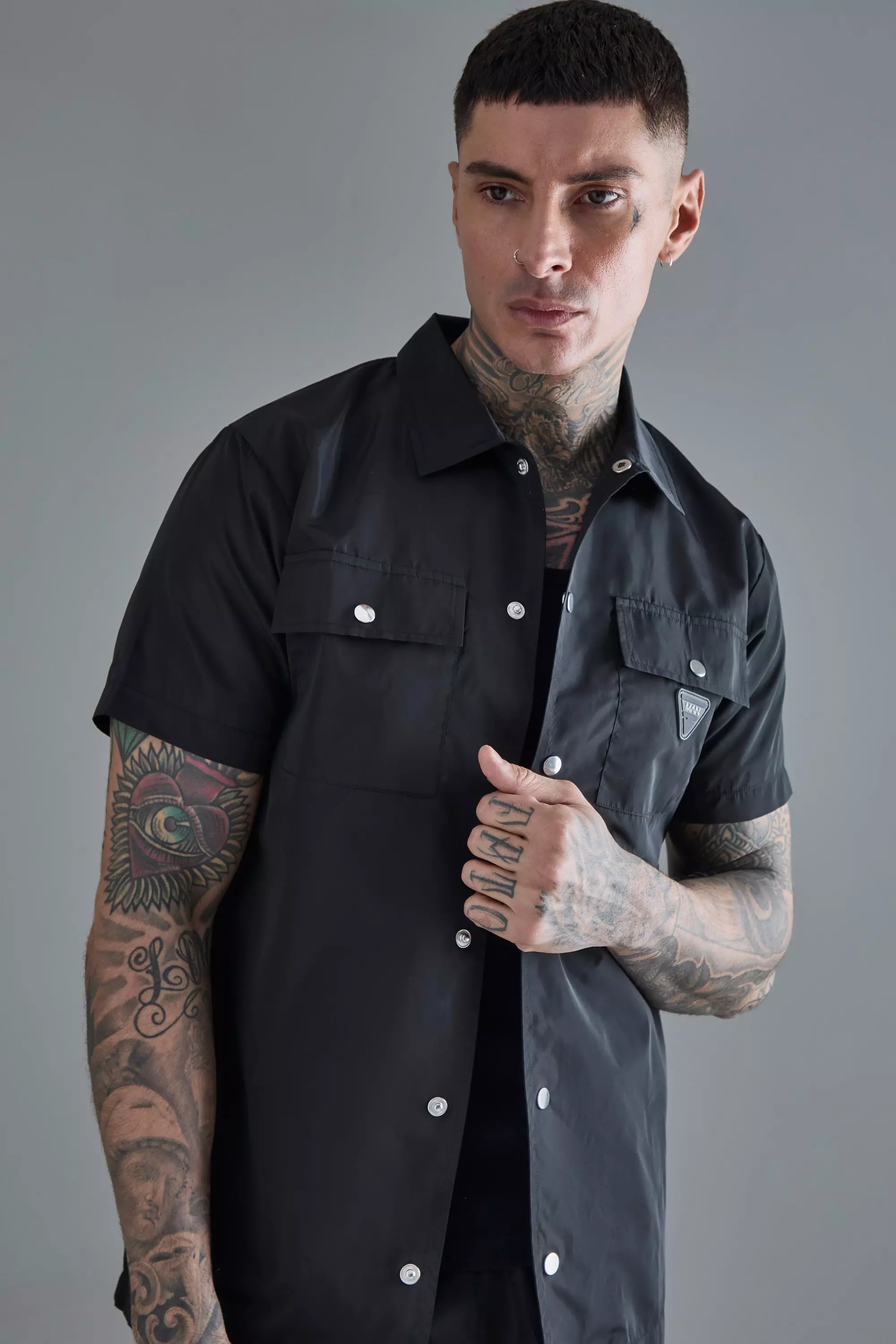 Tall Regular Patch Pocket Nylon Man Overshirt Black