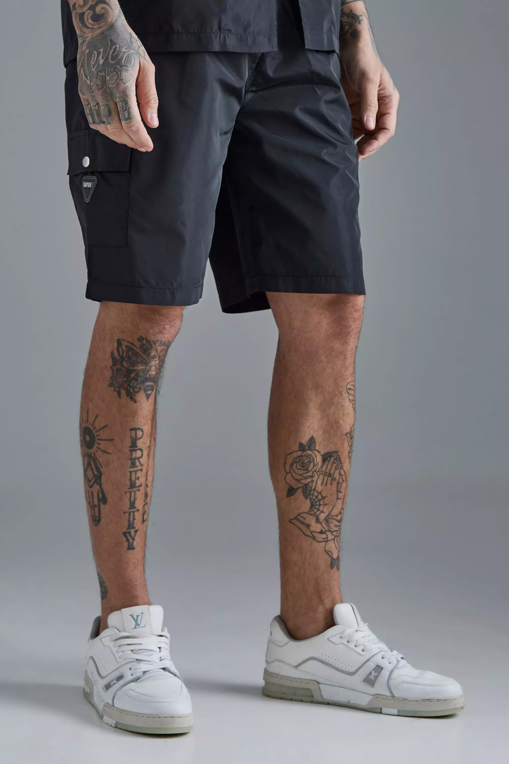 Tall Elasticated Waist Relaxed Nylon Man Cargo Short Black