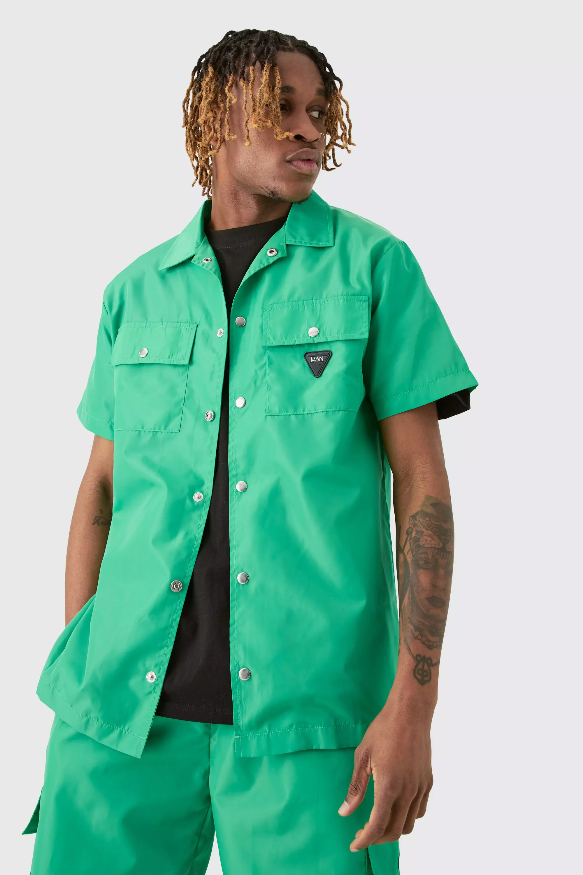 Tall Regular Patch Pocket Nylon Man Overshirt Green