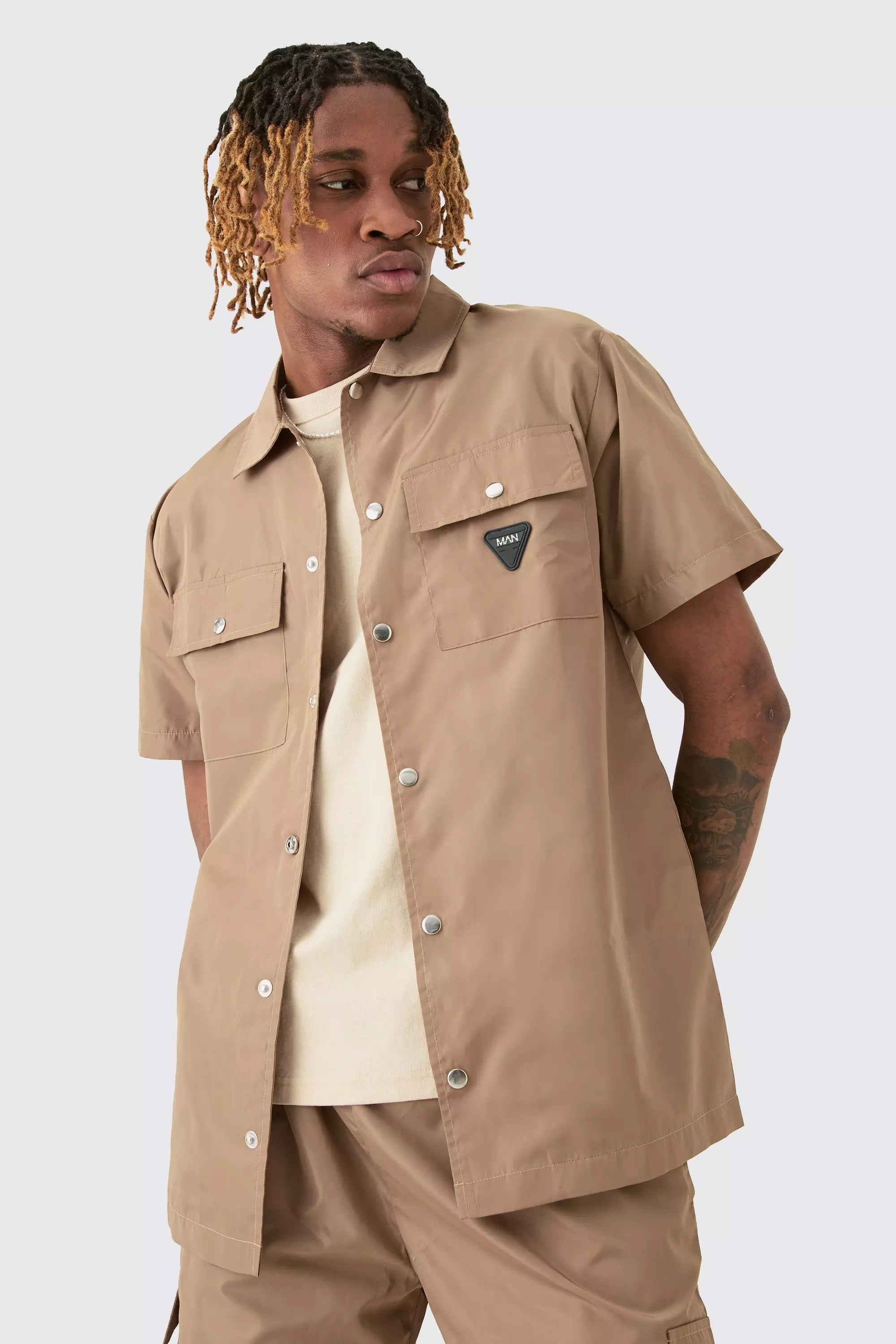 Tall Regular Patch Pocket Nylon Man Overshirt Taupe