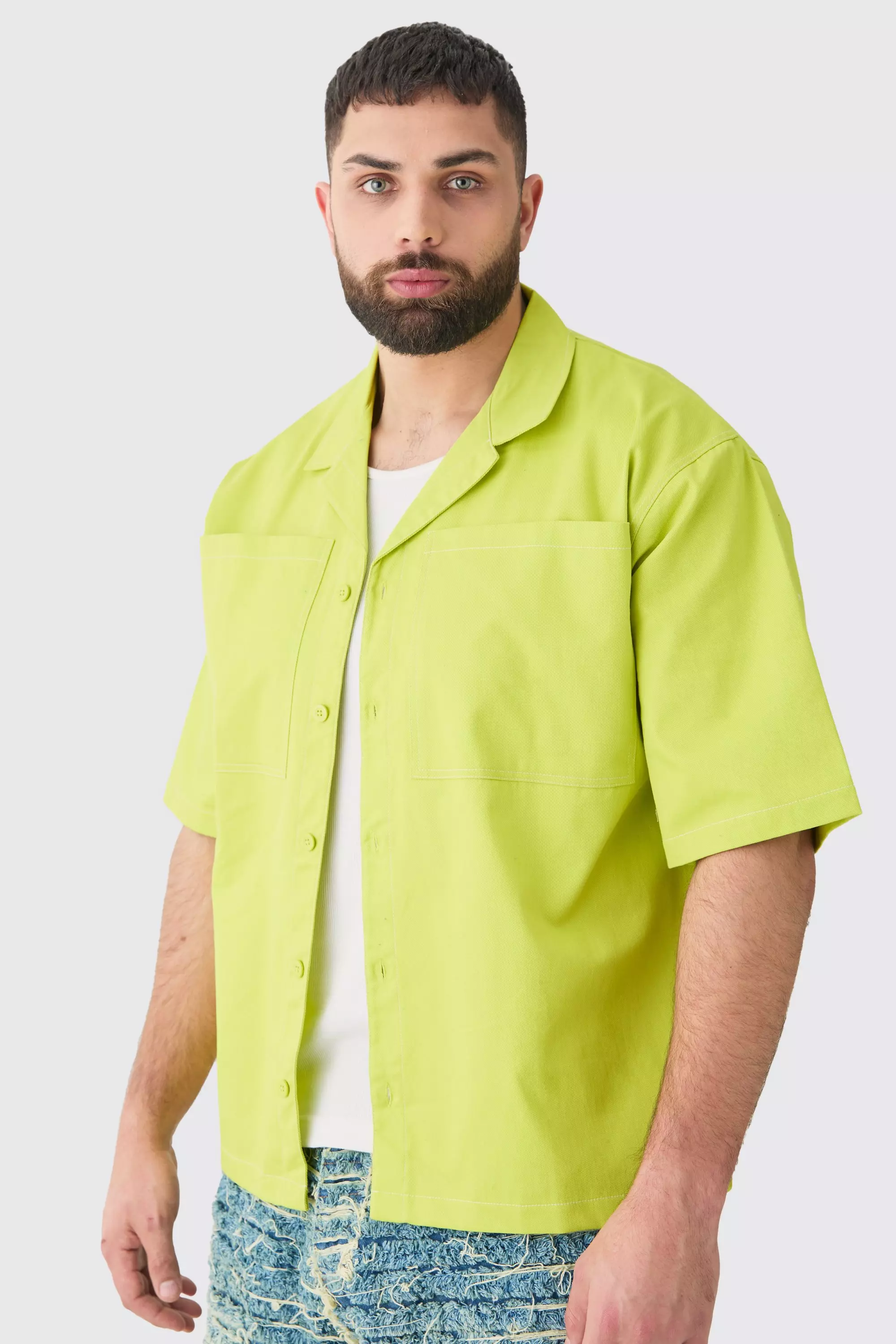 Plus Twill Drop Revere Contrast Stitch Shirt Green