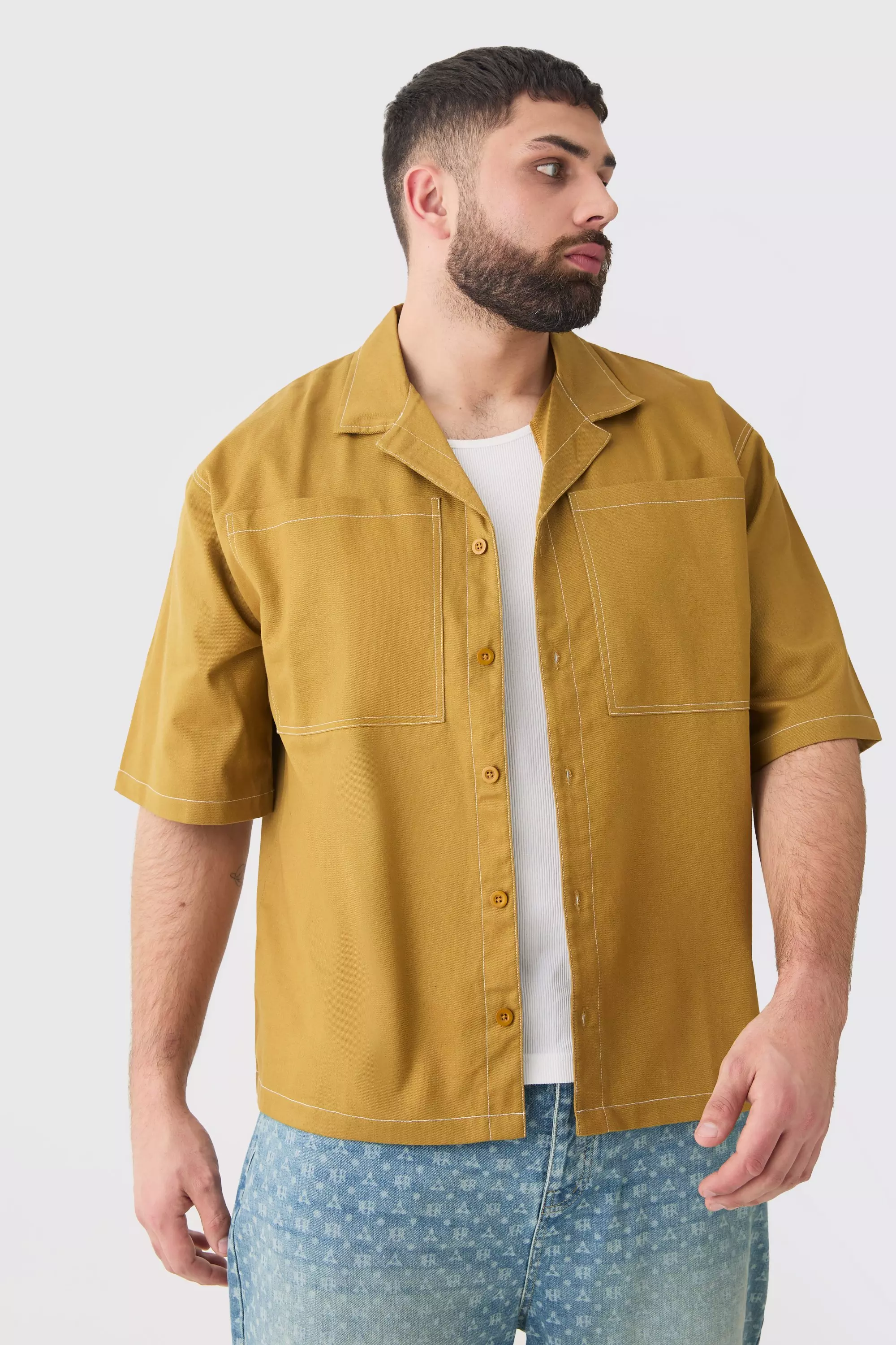 Plus Twill Drop Revere Contrast Stitch Shirt Brown