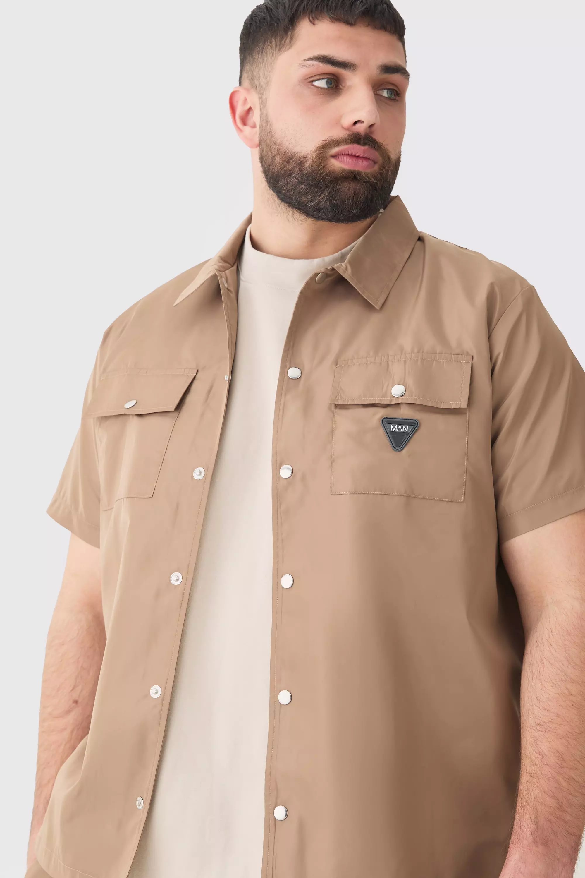 Plus Man Overshirt mit Nylon-Detail, Taupe alternatives Bild