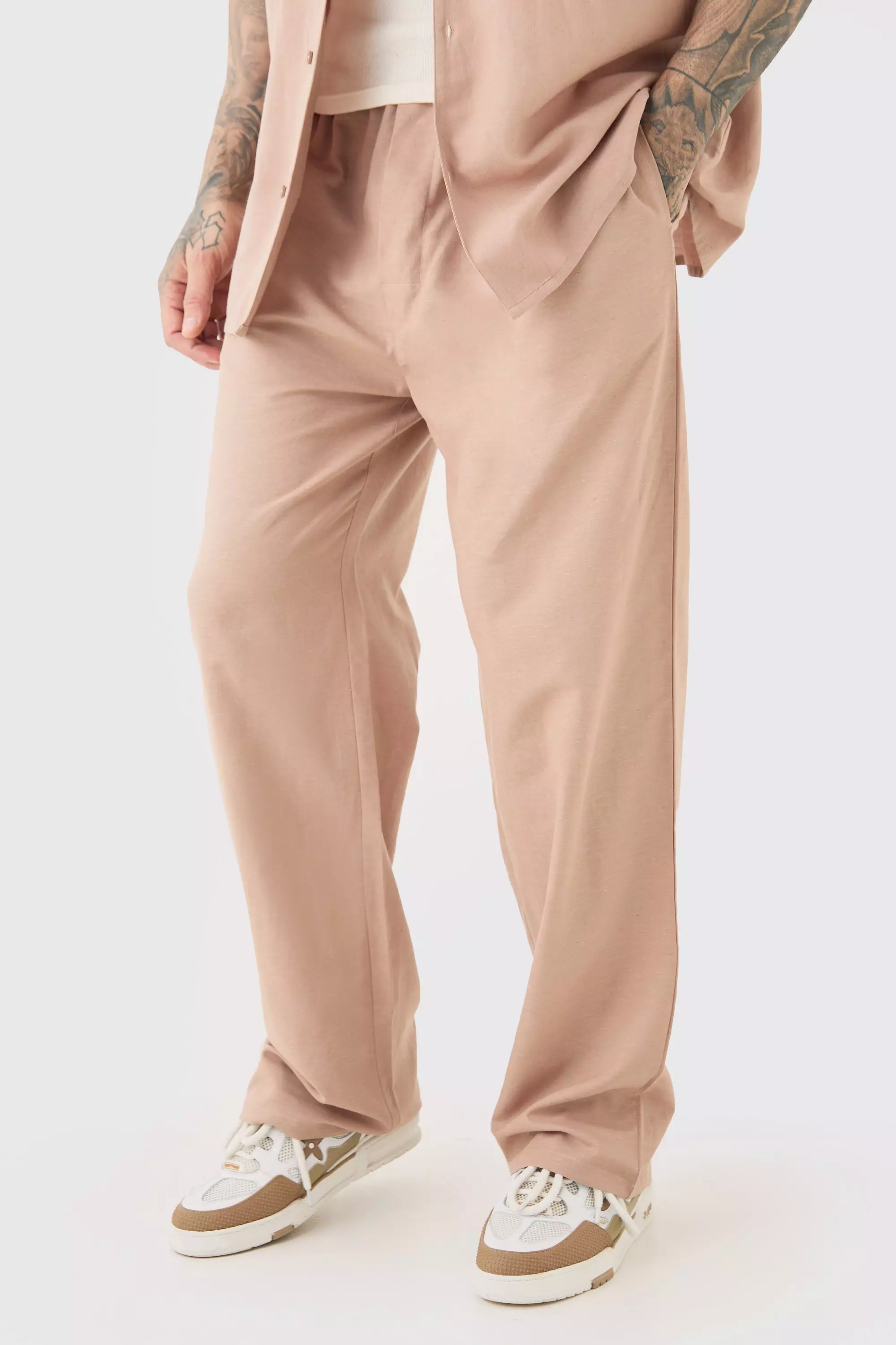 Beige Tall Elasticated Waist Relaxed Linen Trouser In Taupe