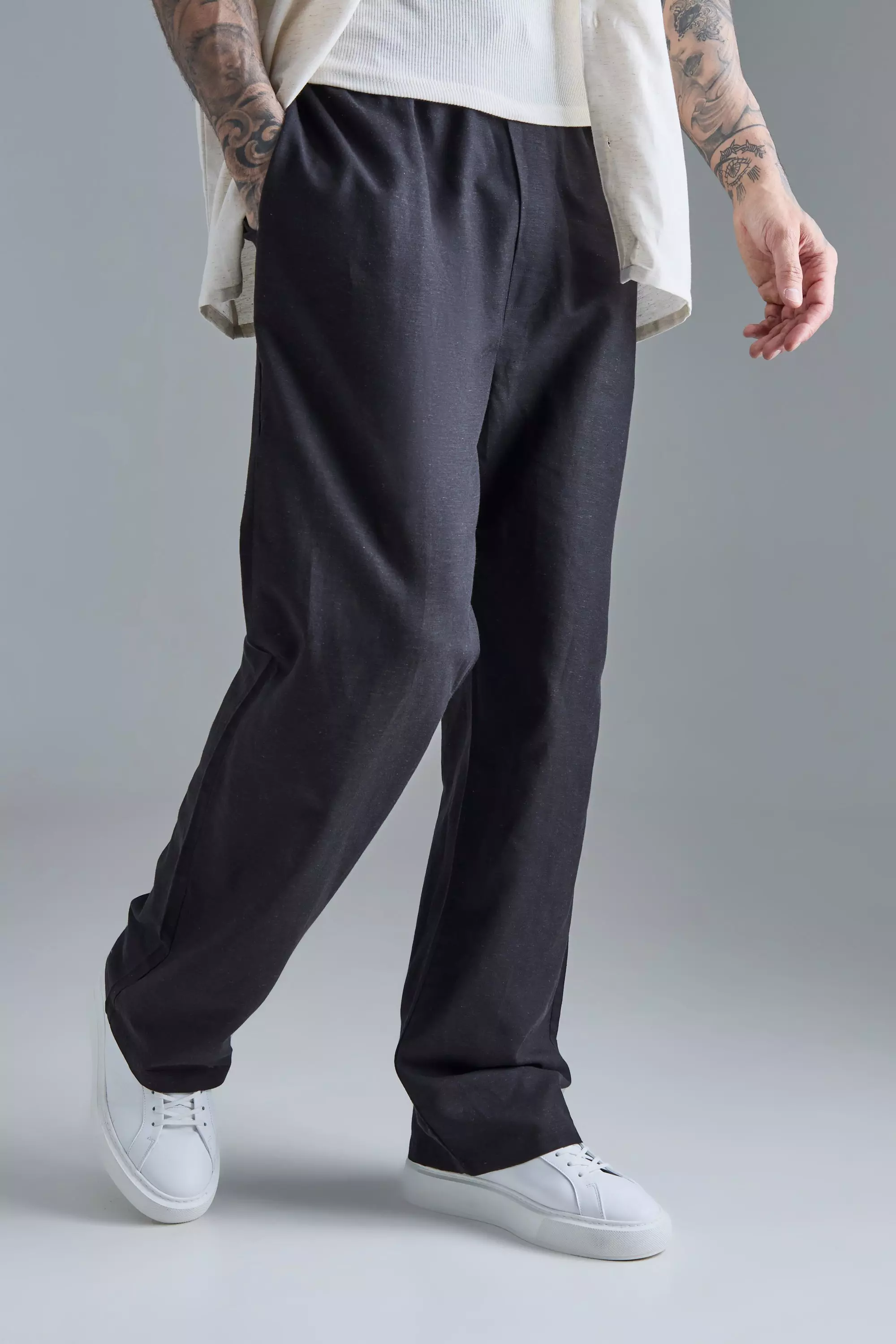 Tall Elasticated Waist Relaxed Linen Trouser In Black Black