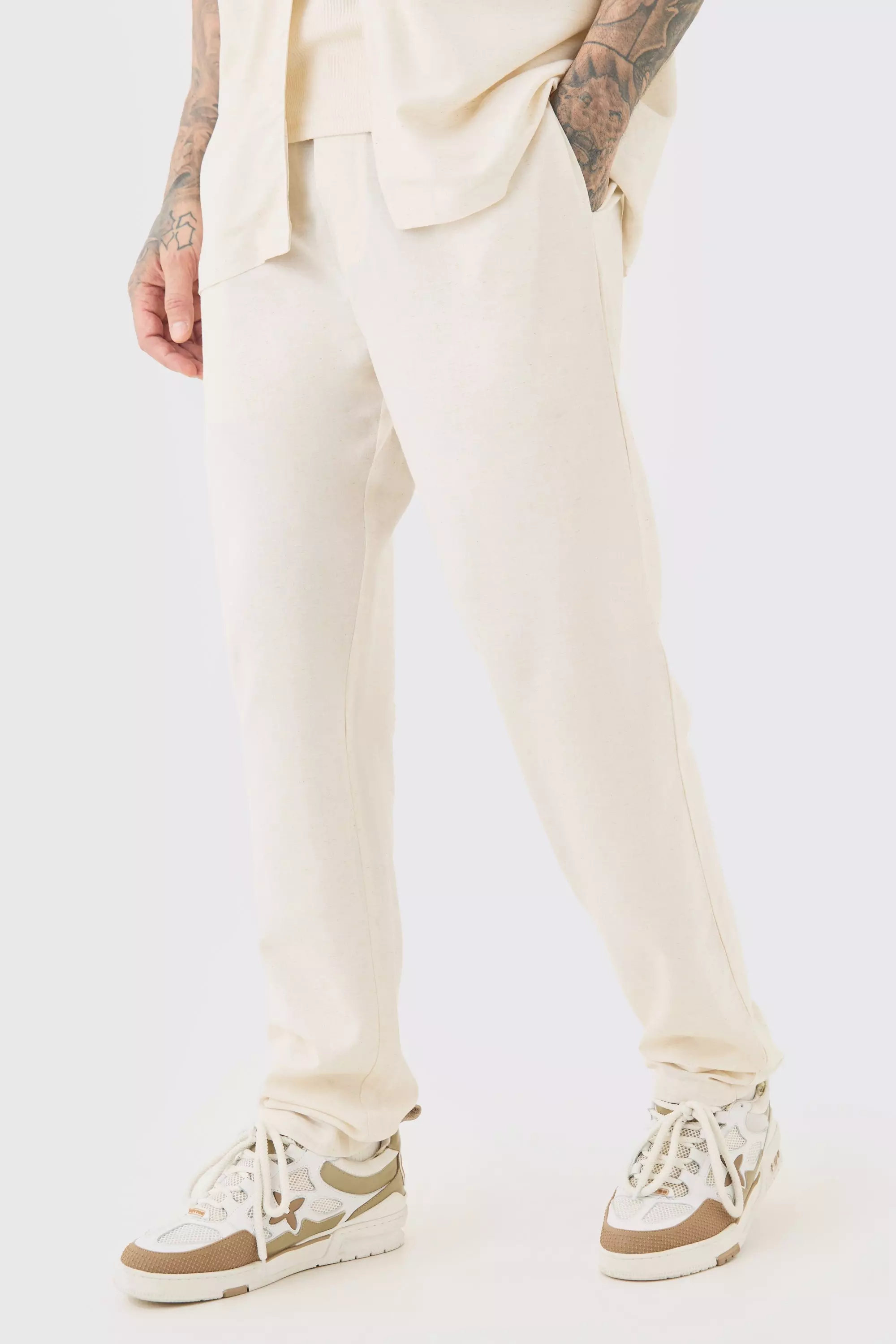 Tall Elasticated Waist Tapered Linen Trouser In Natural Natural
