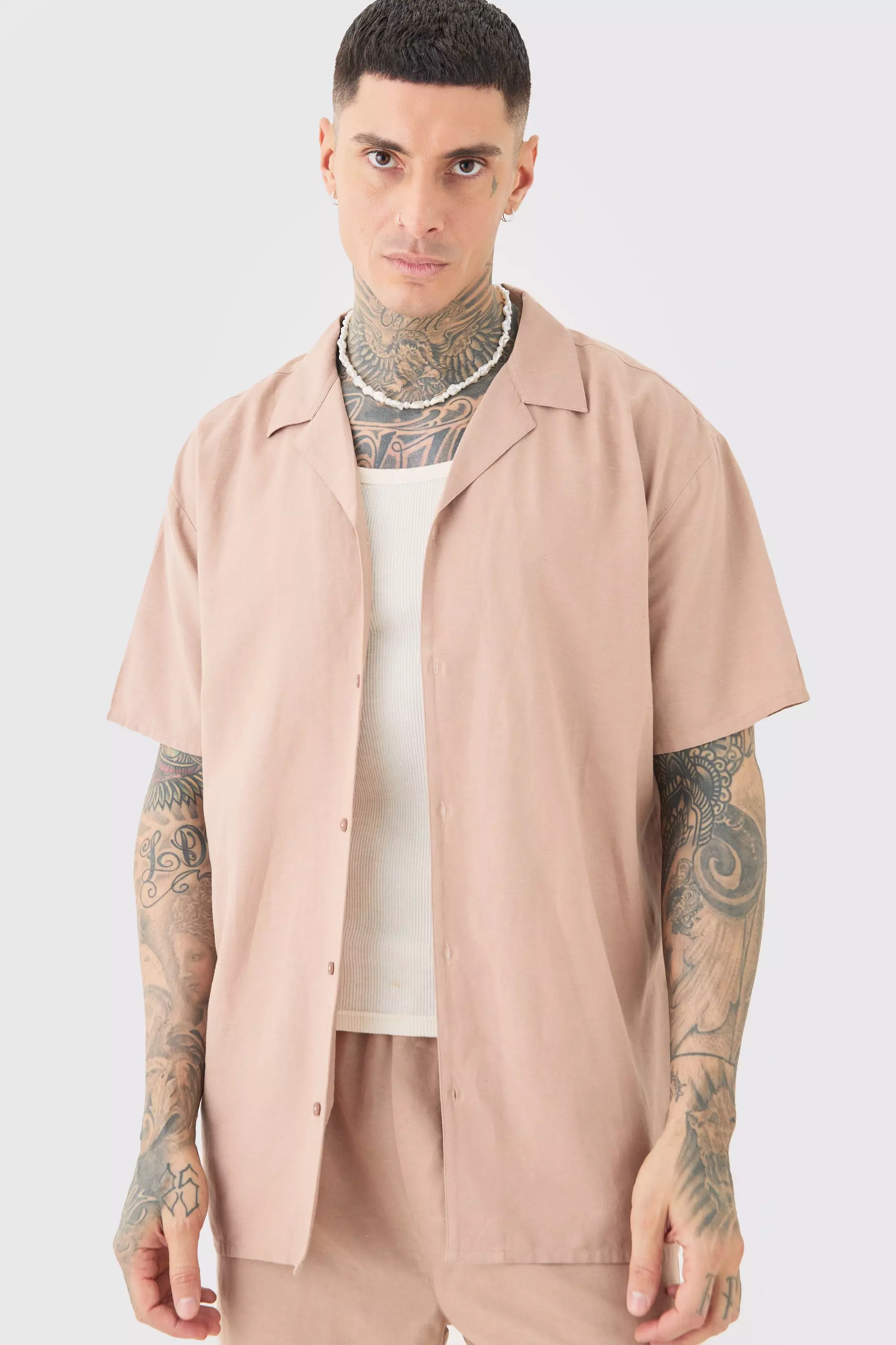 Tall Linen Drop Revere Shirt In Taupe Taupe