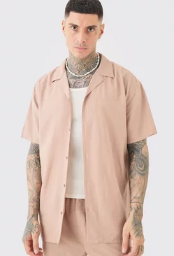 Tall Linen Drop Revere Shirt In Taupe Taupe