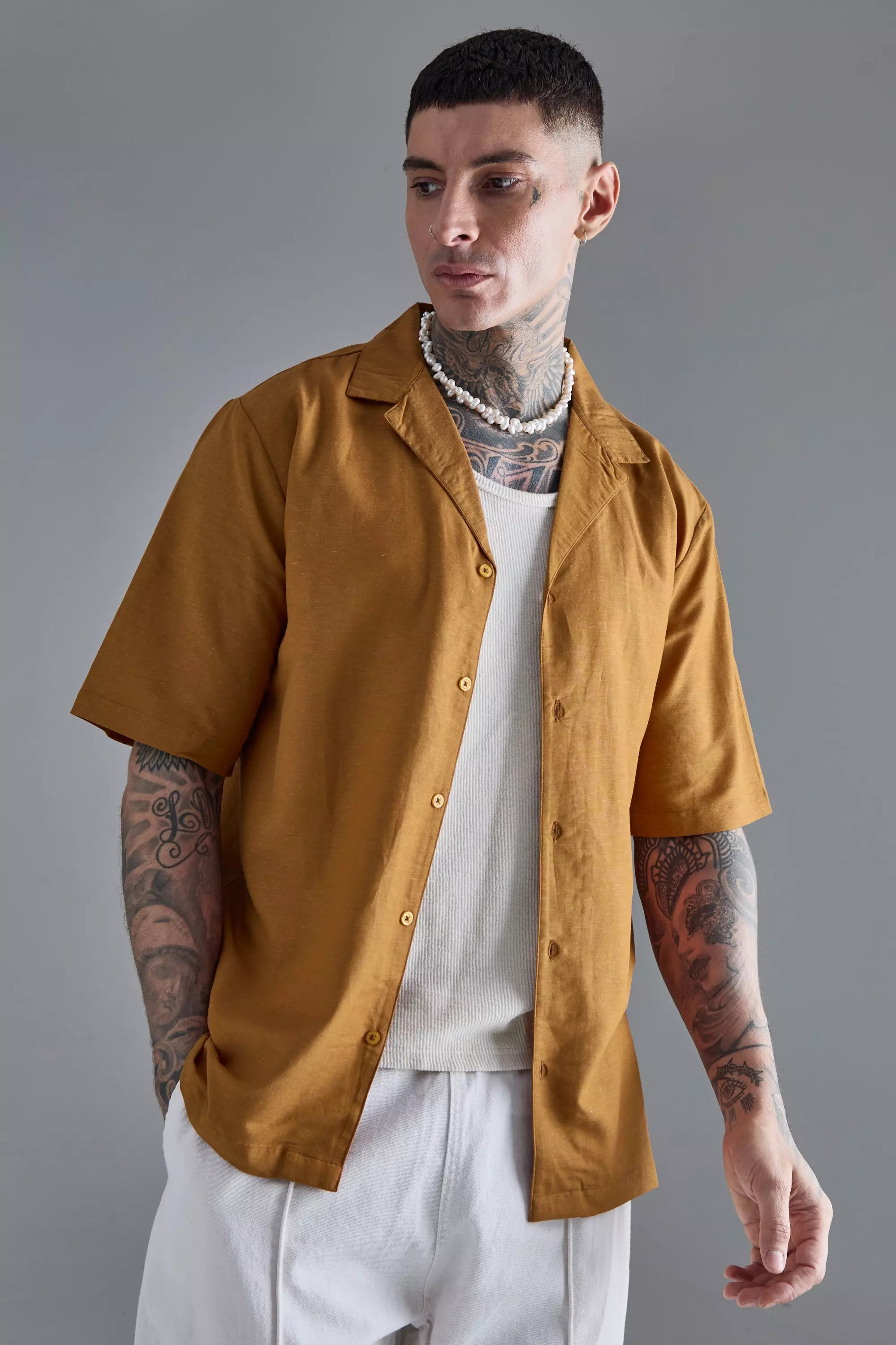 Brown Tall Linen Drop Revere Shirt In Chocolate