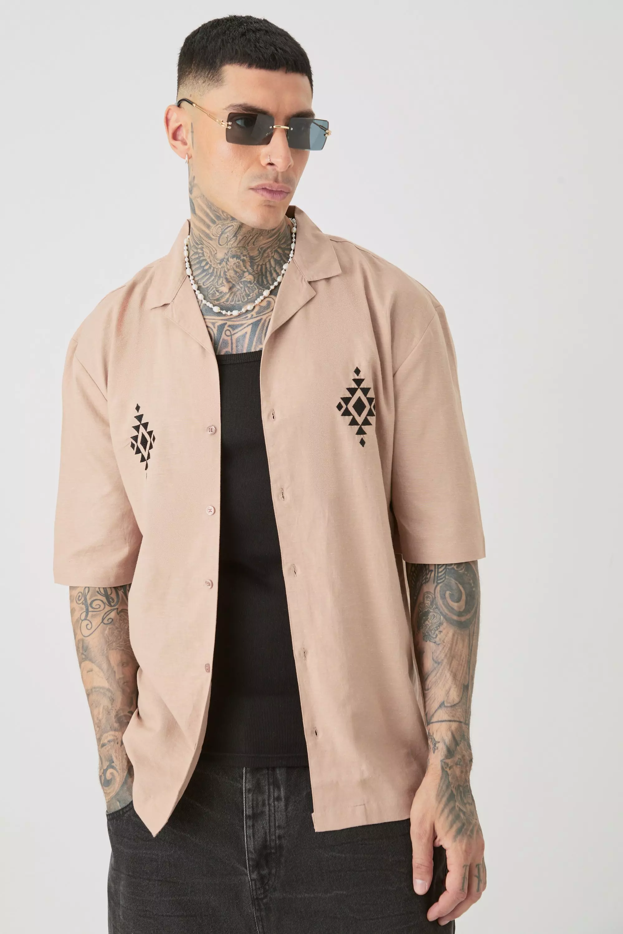 Beige Tall Linen Embroidered Drop Revere Shirt In Taupe
