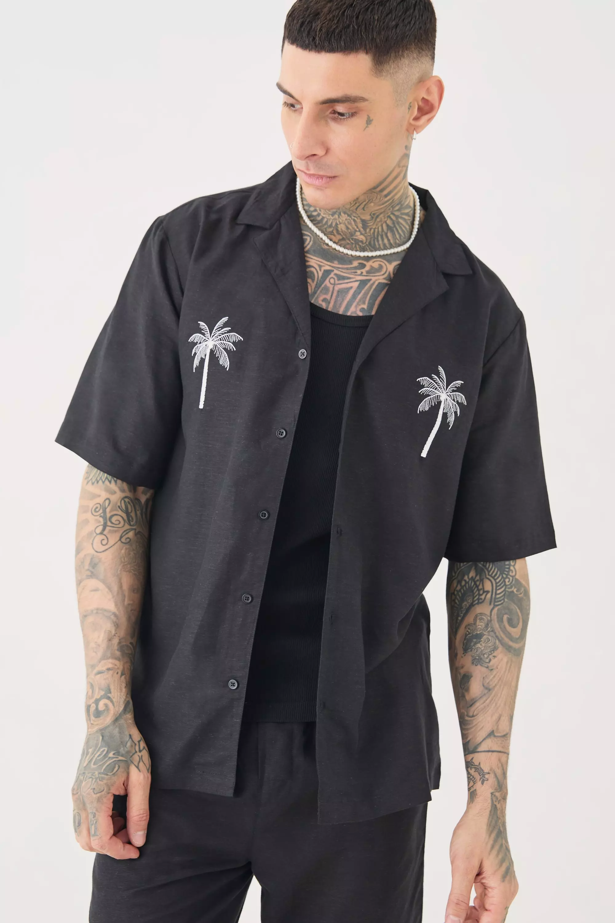 Tall Linen Embroidered Drop Revere Shirt In Black Black