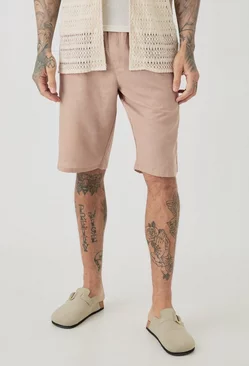 Tall Elasticated Waist Linen Comfort Shorts In Taupe Taupe