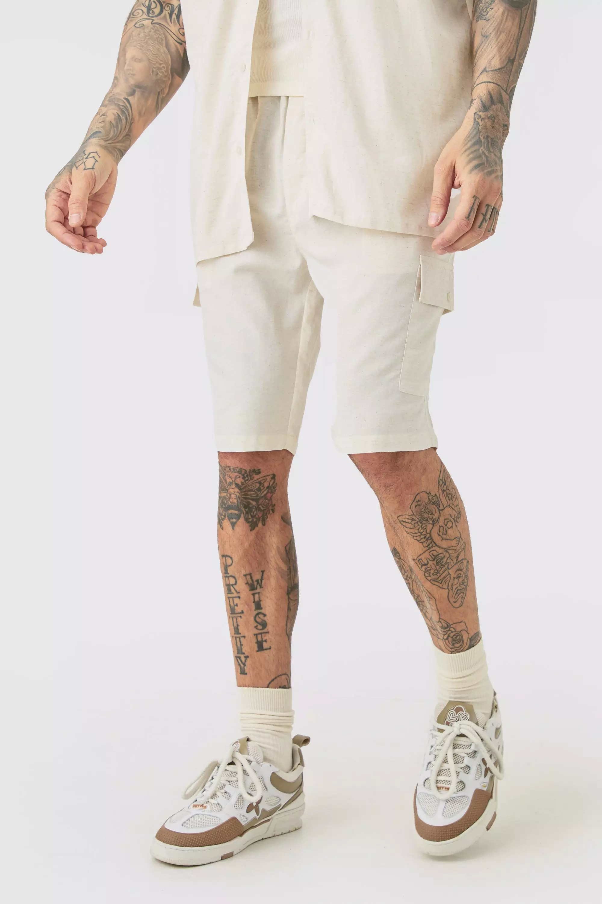 Tall Elasticated Waist Relaxed Linen Cargo Shorts In Natural Natural