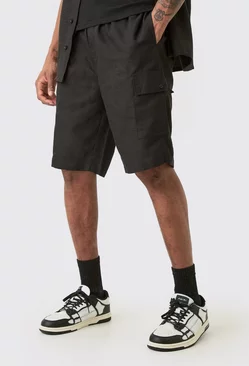 Black Tall Elasticated Waist Relaxed Linen Cargo Shorts In Black