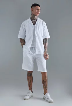 Tall Drop Revere Linen Shirt & Short Set In White White