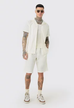 Tall Drop Revere Linen Shirt & Short Set In Ecru Ecru