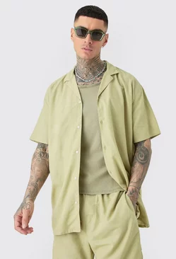 Green Tall Oversized Linen Drop Revere Shirt & Short Set In Sage