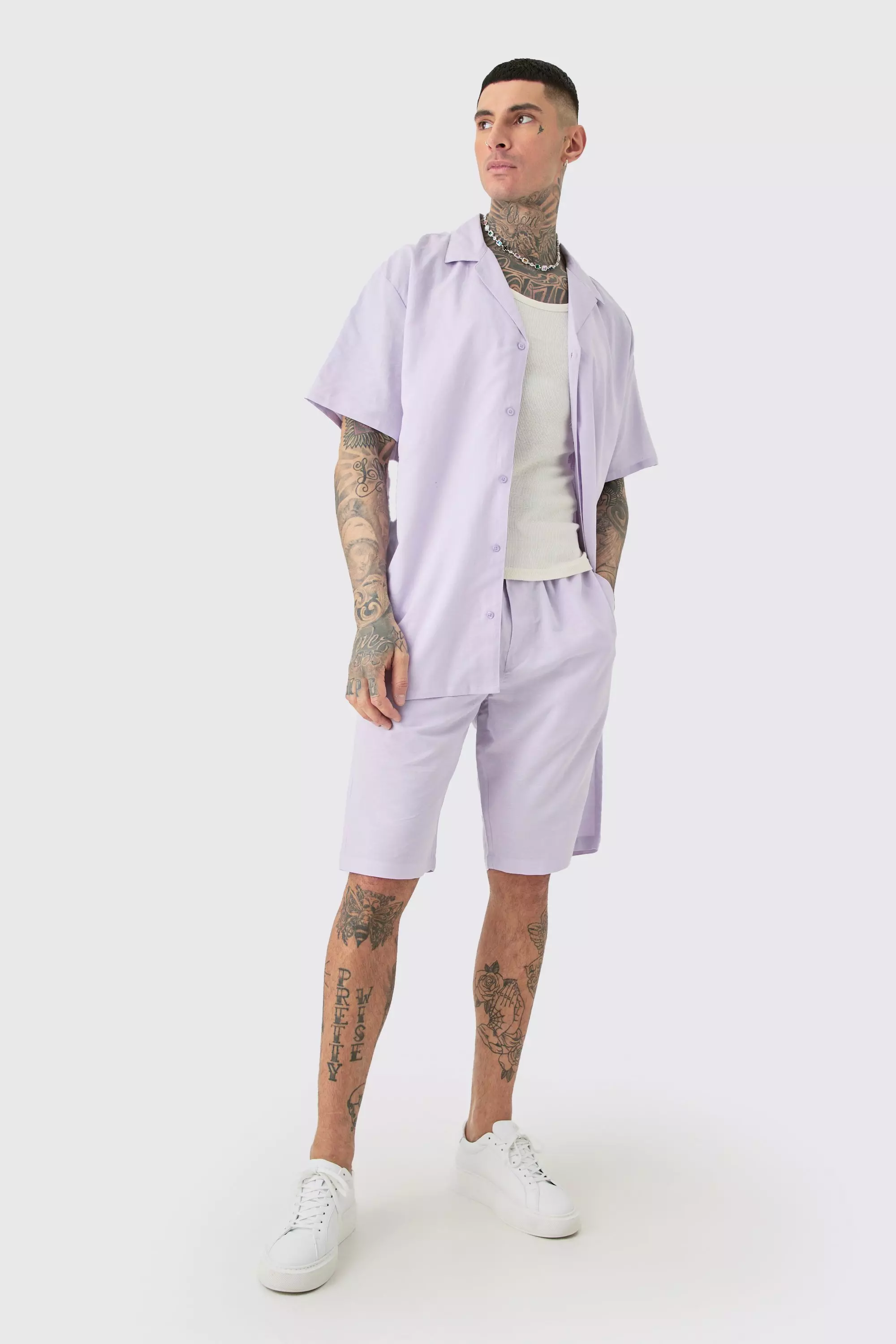 Tall Oversized Linen Drop Revere Shirt & Short Set In Lilac Lilac