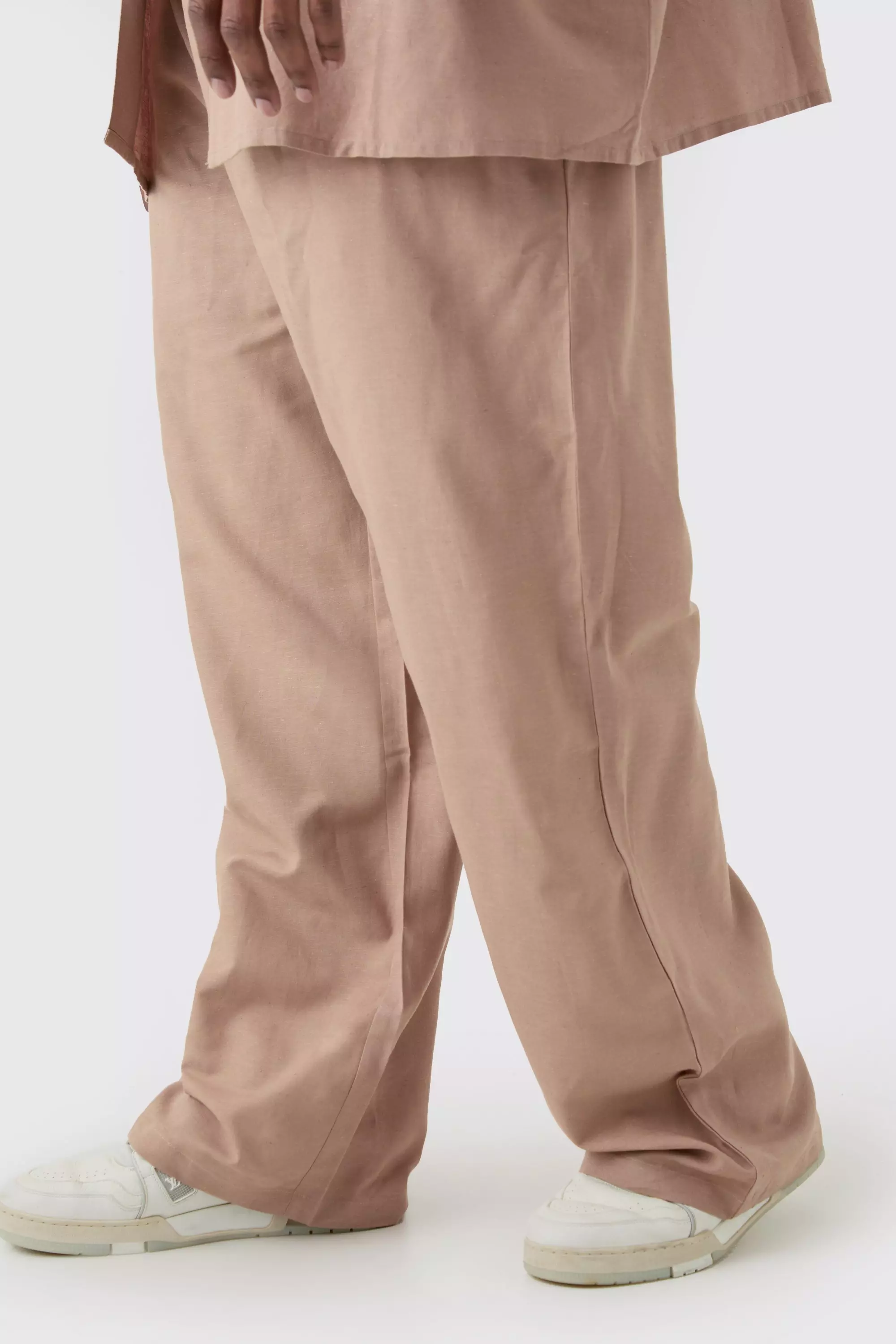 Beige Plus Elasticated Waist Relaxed Linen Trouser In Taupe