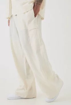 Plus Elasticated Waist Oversized Linen Cargo Trouser In Natural Natural