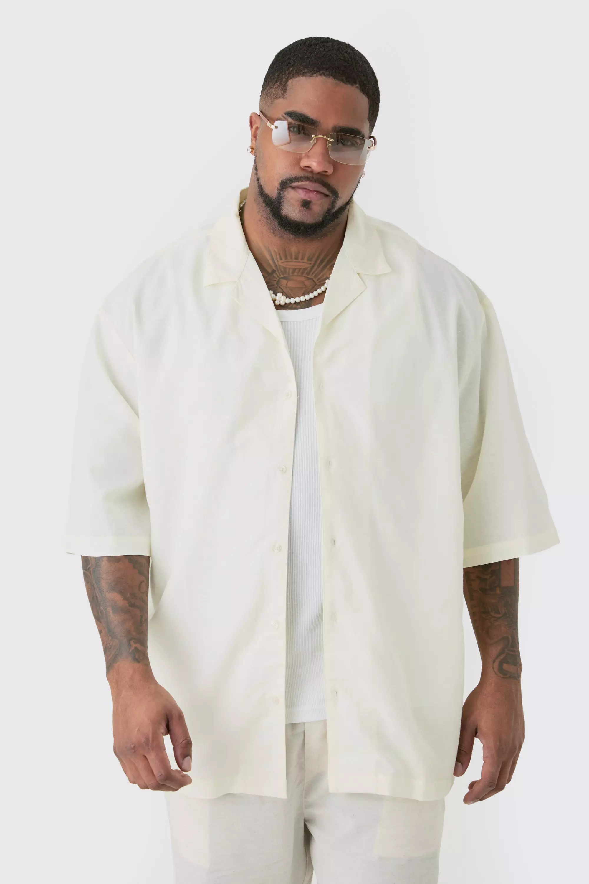 Plus Linen Drop Revere Shirt In Ecru Ecru