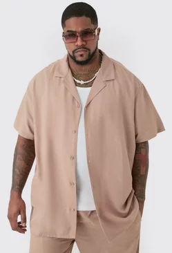 Plus Linen Drop Revere Shirt In Taupe Taupe