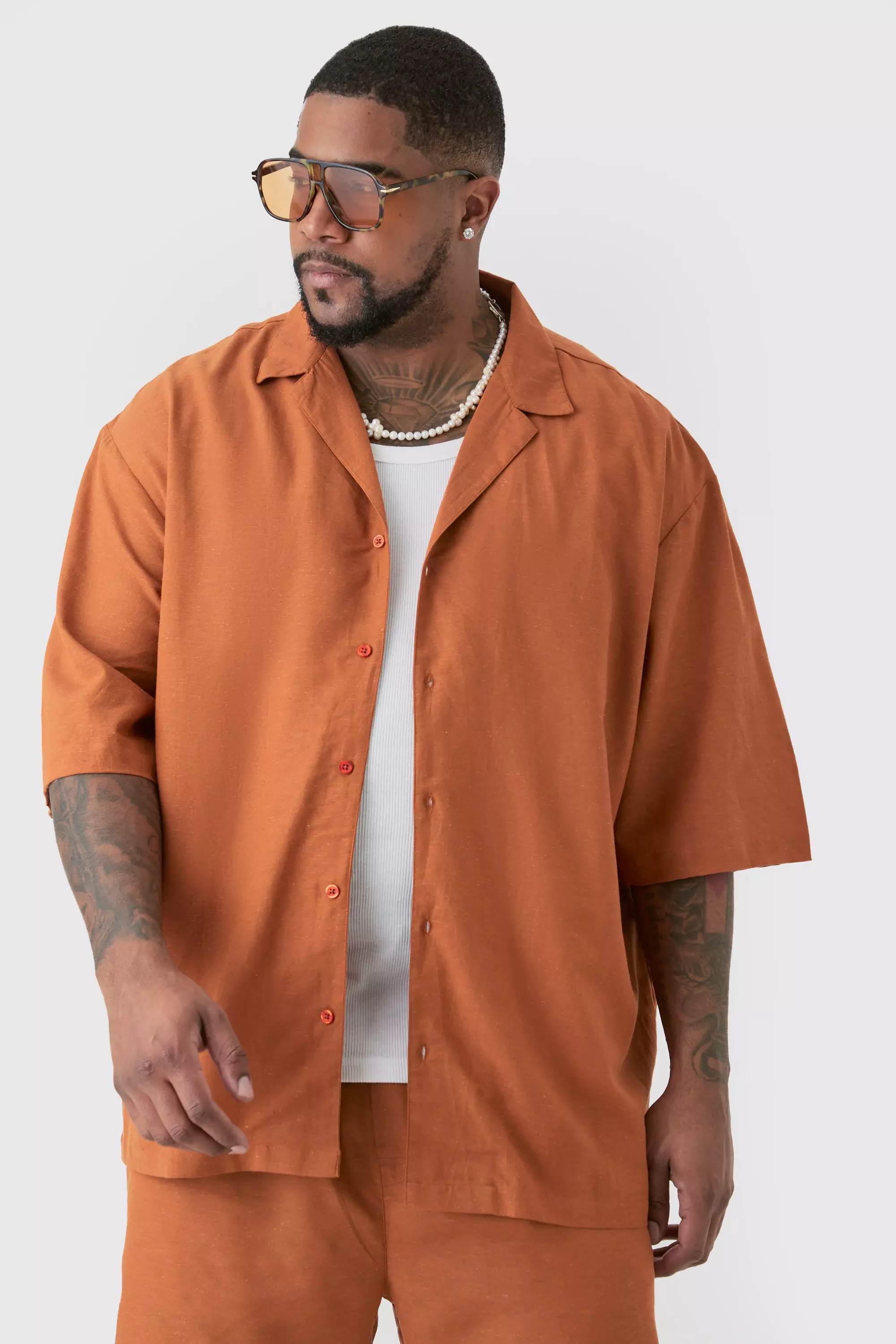 Brown Plus Linen Drop Revere Shirt In Chocolate