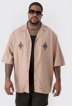 Plus Linen Embroidered Drop Revere Shirt In Taupe Taupe