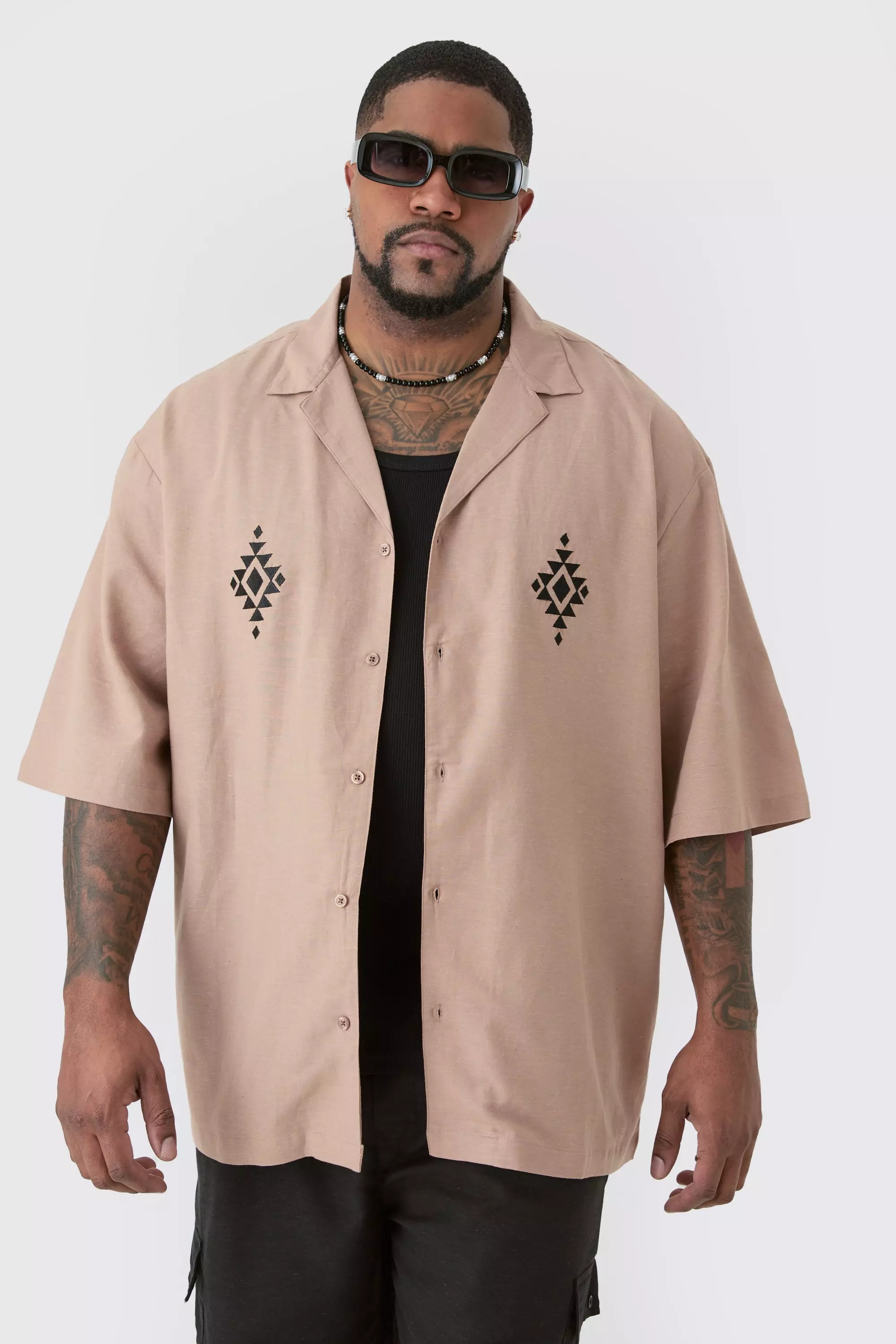 Beige Plus Linen Embroidered Drop Revere Shirt In Taupe