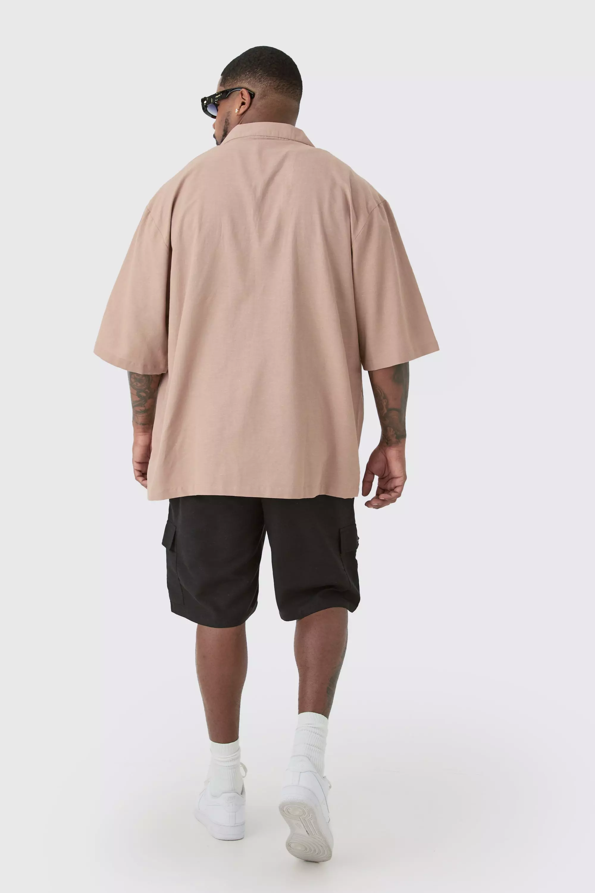 Plus Linen Embroidered Drop Revere Shirt In Taupe alternative image