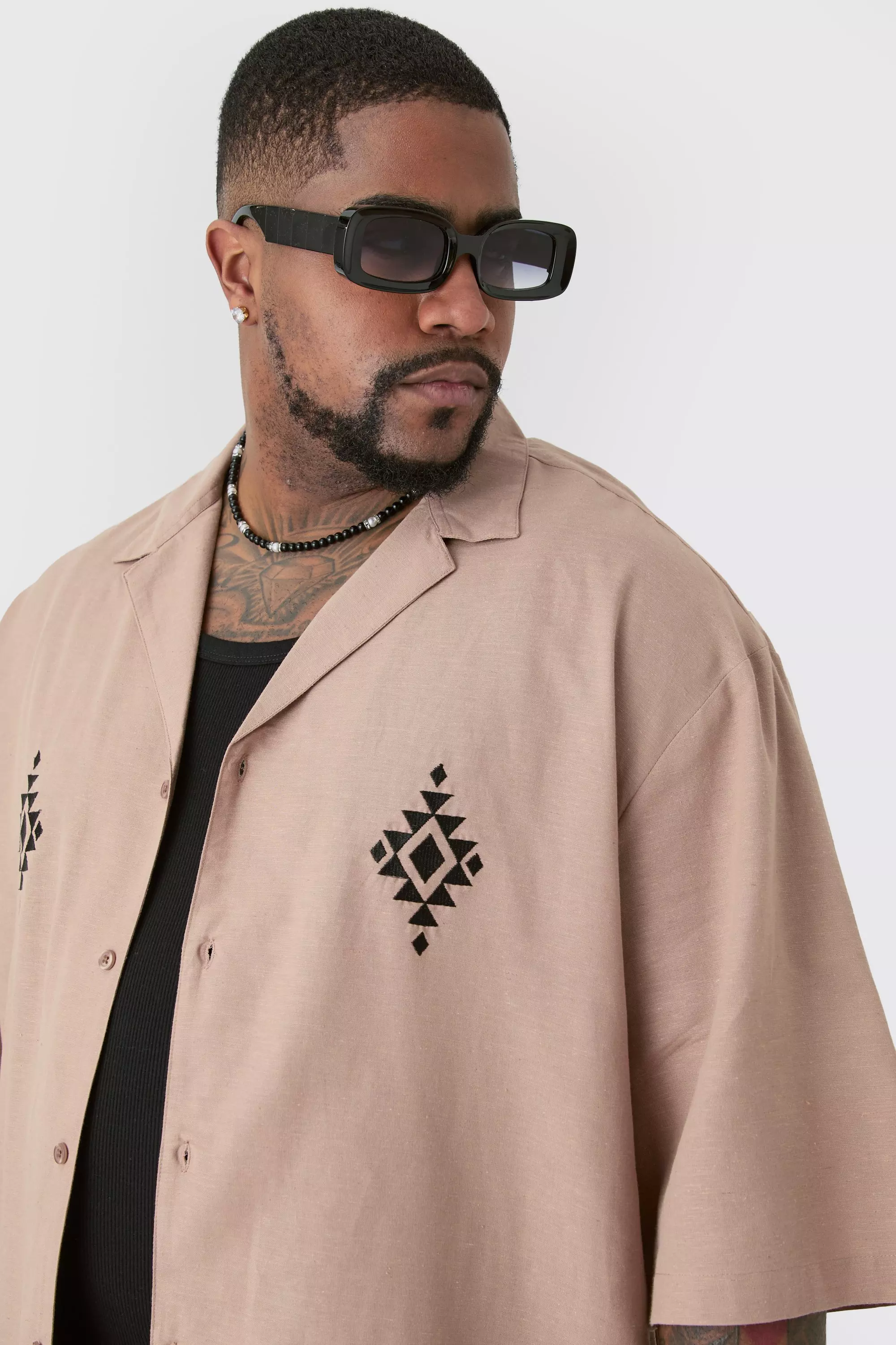 Plus Linen Embroidered Drop Revere Shirt In Taupe alternative image