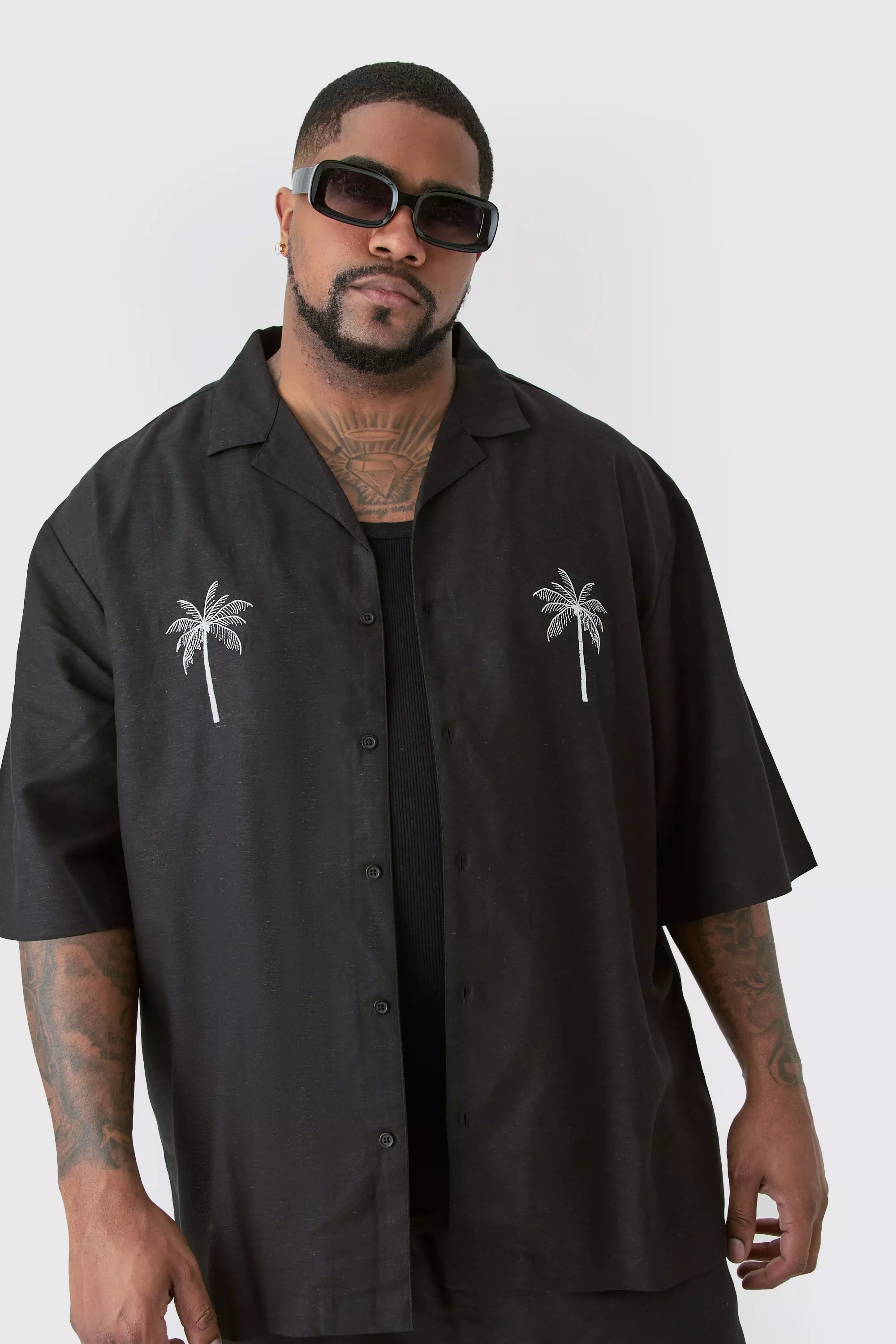 Black Plus Linen Embroidered Drop Revere Shirt In Black