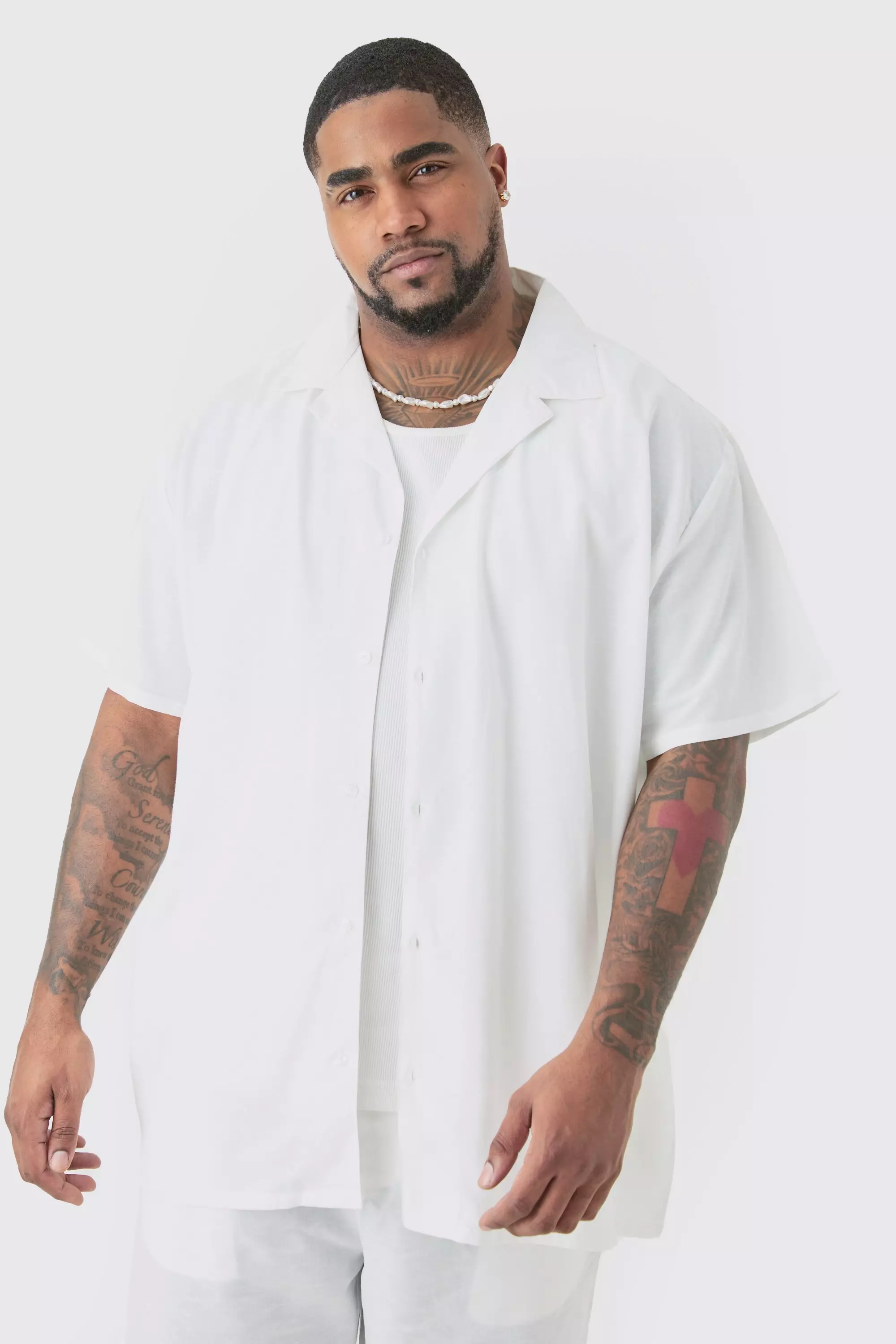 White Plus Linen Oversized Revere Shirt In White