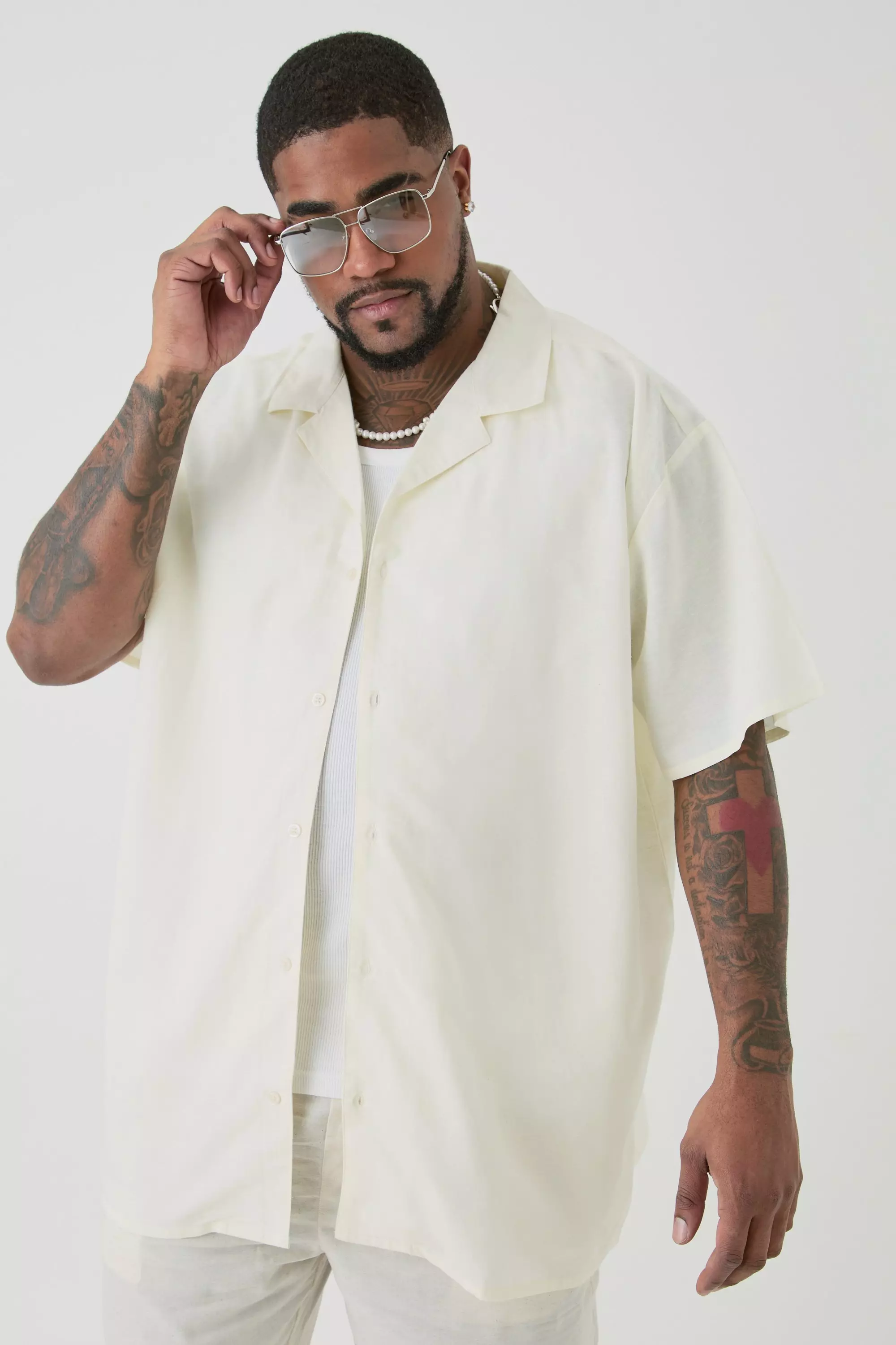 Plus Linen Oversized Revere Shirt In Ecru Ecru