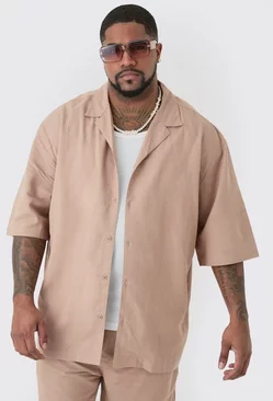 Plus Linen Oversized Revere Shirt In Taupe Taupe