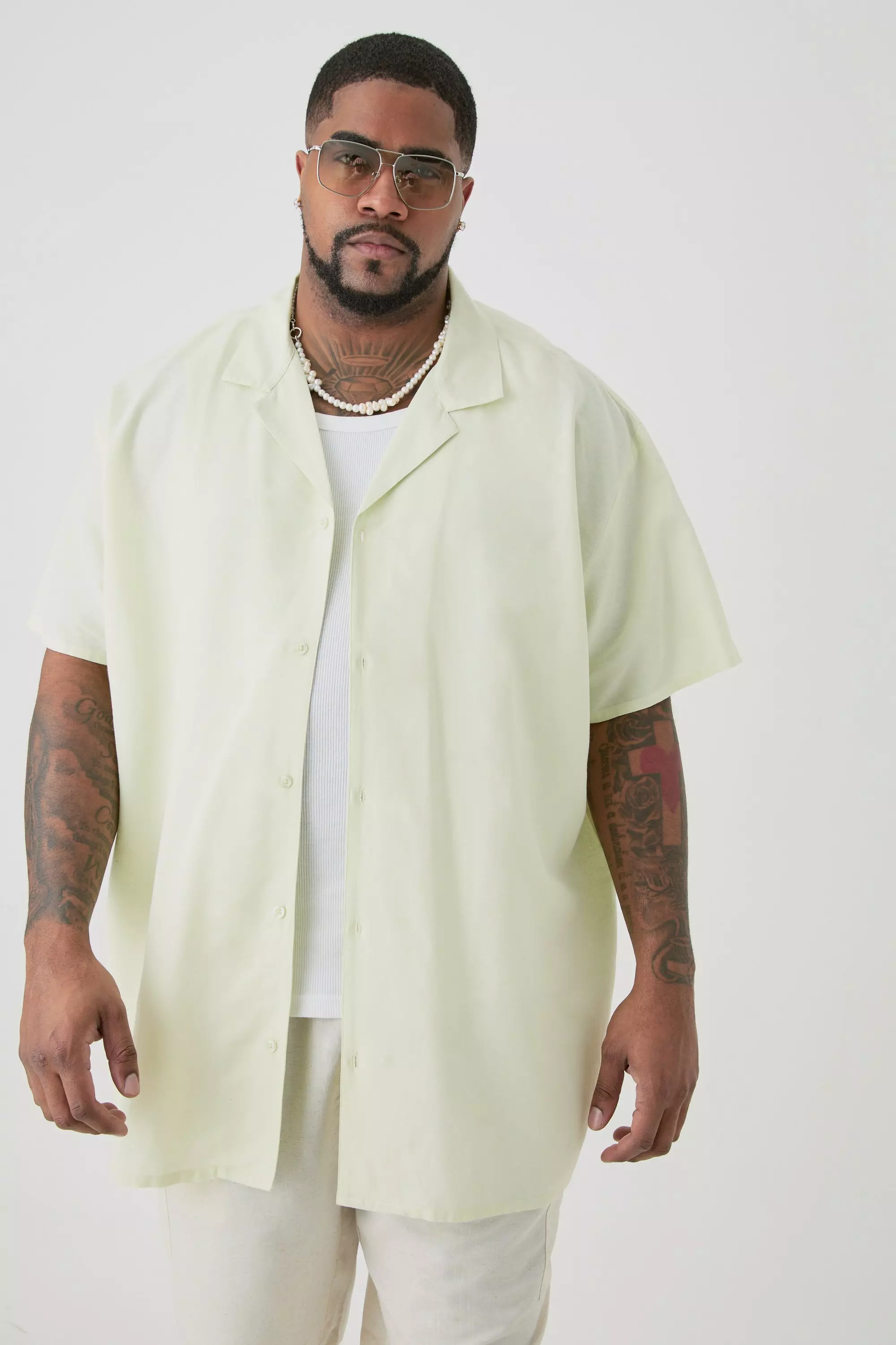 Plus Linen Oversized Revere Shirt In Green Green