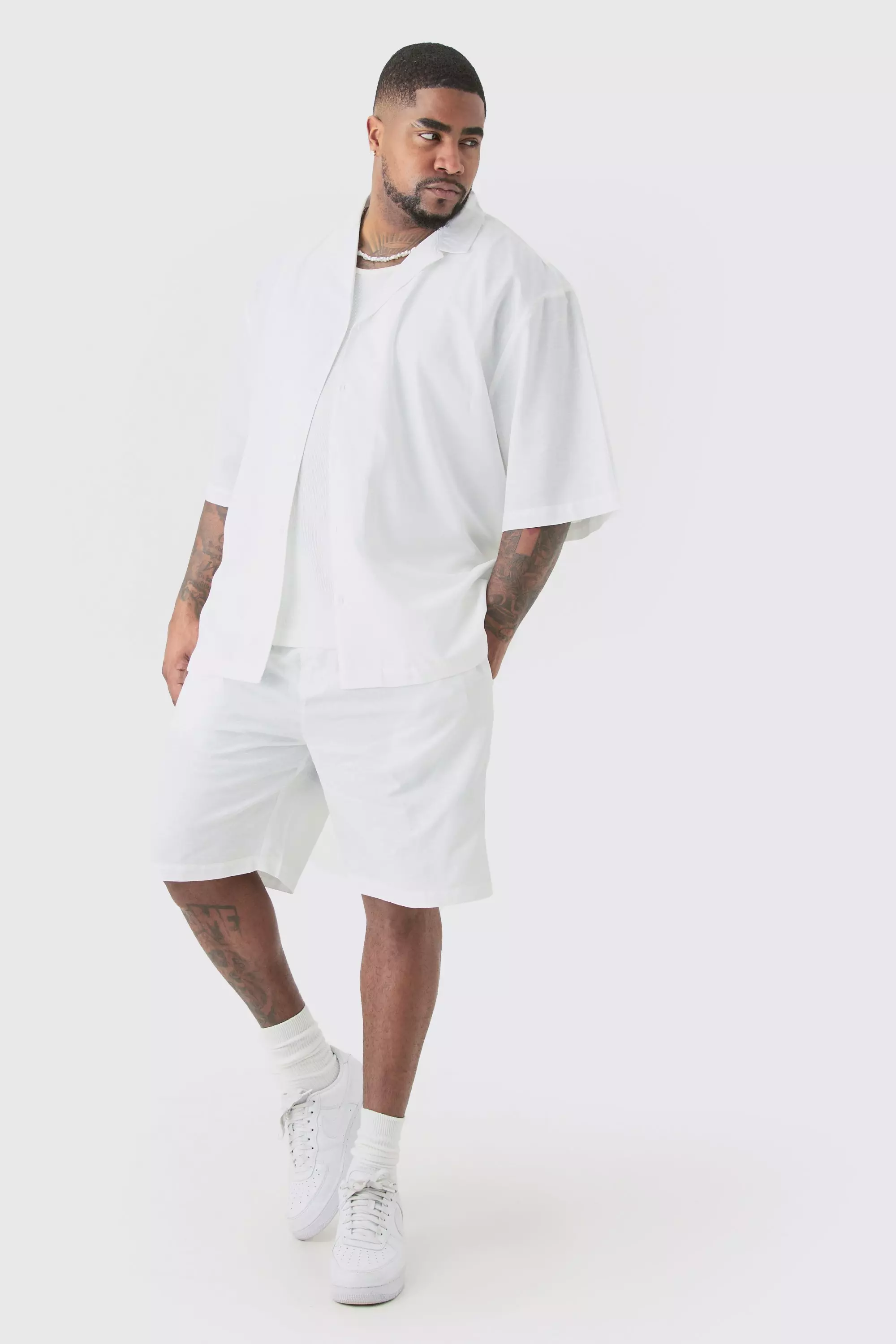 Plus Linen Drop Revere Shirt & Short Set In White White