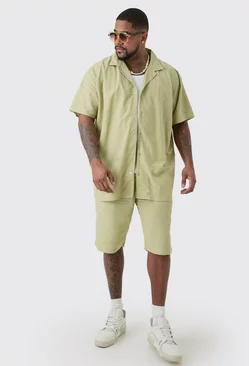 Green Plus Oversized Linen Drop Revere Shirt & Short Set In Sage