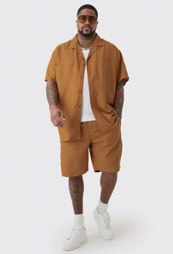 Brown Plus Oversized Linen Drop Revere Shirt & Short Set In Brown