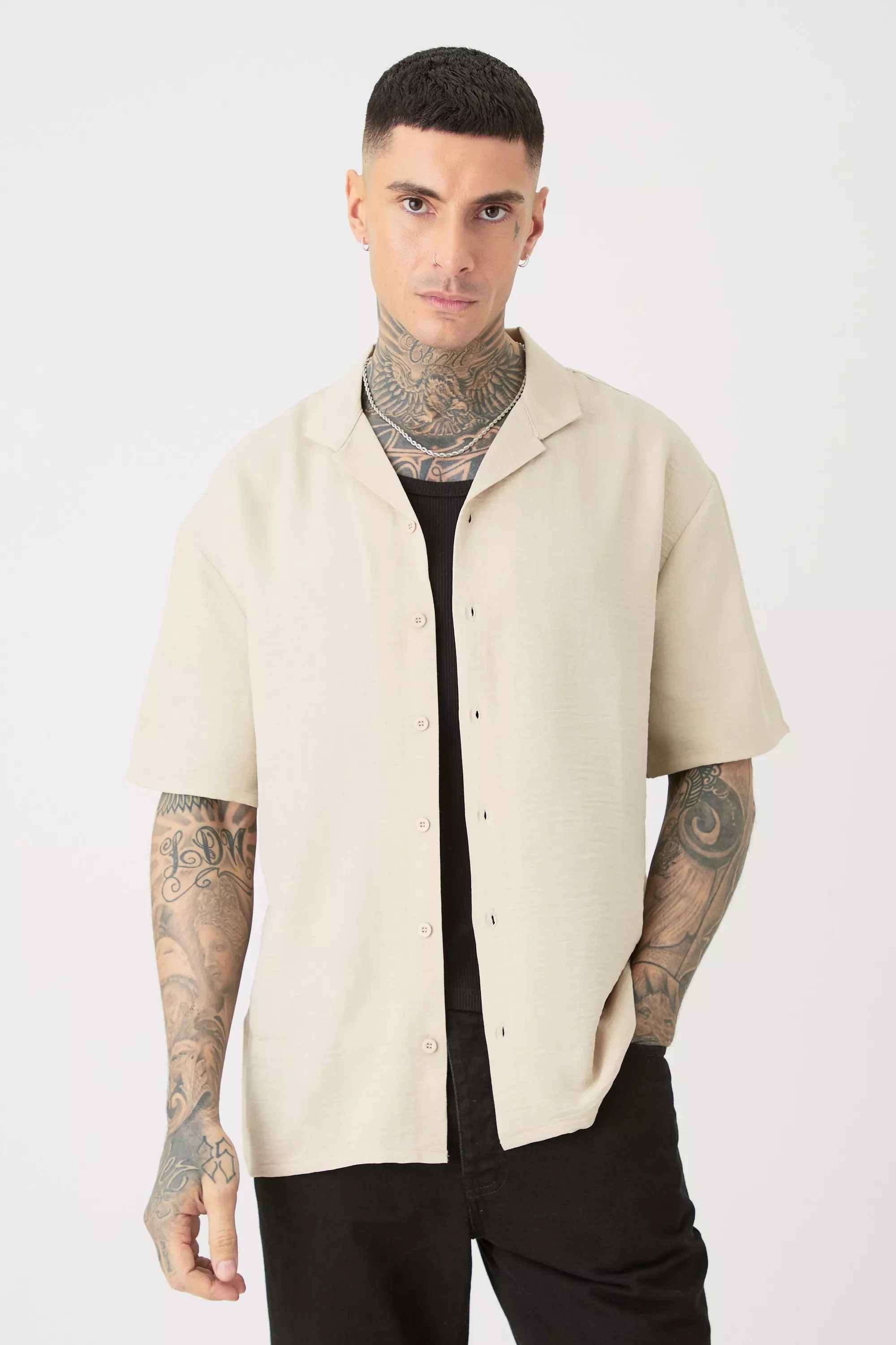 Tall Short Sleeve Drop Revere Linen Shirt In Natural Natural