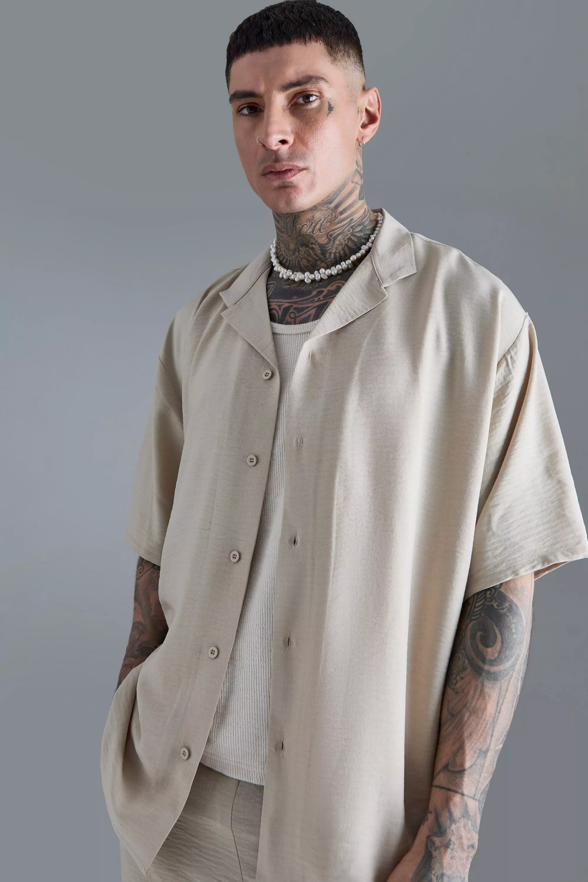 Tall Short Sleeve Oversized Linen Shirt In Natural Natural