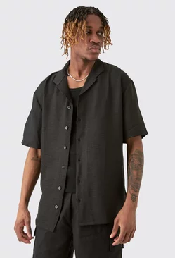 Tall Short Sleeve Drop Revere Linen Shirt In Black Black