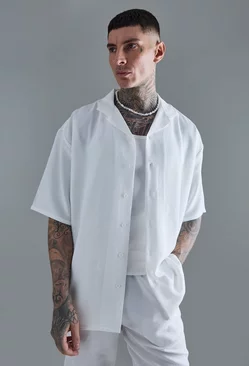White Tall Short Sleeve Drop Revere Linen Shirt In White