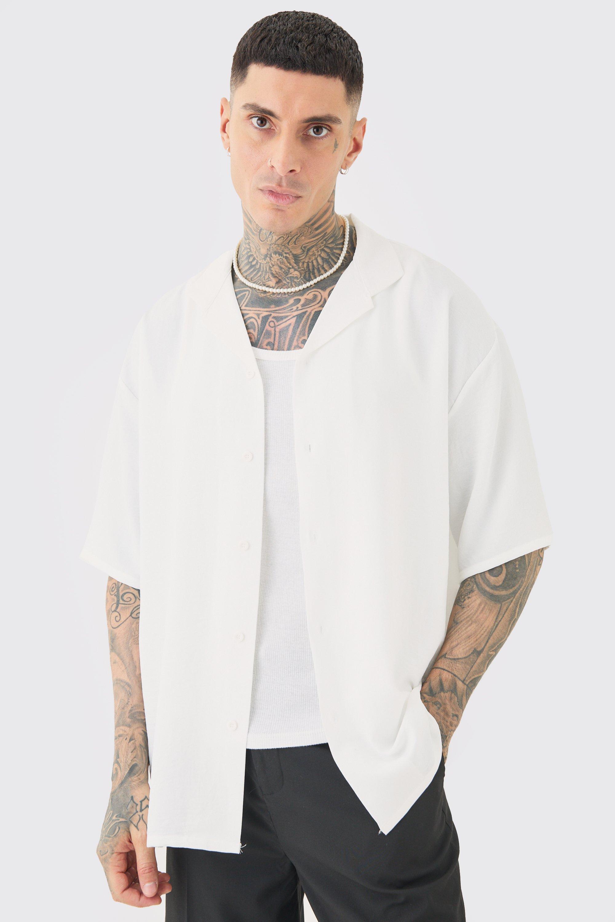 Tall Short Sleeve Oversized Linen Shirt In White | boohooMAN UK